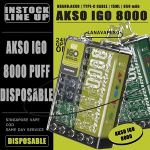 AKSO IGO 8000 DISPOSABLE - VAPE SG Akso Igo e-cigarette is the latest device from the house of Akso that has already created tremendous buzz in the market! The device is Ergonomic centric and very looks of this device is extremely pleasing as it takes us back in time. The device comes with a powerful battery, a mesh coil and delivers upto 8000 puffs making your money absolutely count. Packs in an 1.1Ω meshed coil and UK made juice delivers a smooth and consistent taste right through to the last puff. Choose flavour and place order now for same day delivery ! Specification : Puff:8000 Puffs Charger:Type C Cable Capacity:15ml Battery:650mah LED Light Battery Indicator 10 Seconds Cut-Off Protection Over Temperature Protection Under Voltage Protection 3.6V Constant Voltage Output AKSO IGO 8000 DISPOSABLE FLAVOUR LIST : Aloe Grape Blackcurrant Ice Caramel Cookies Caramel Mocha Lychee Ross Mango Ice Mango Peach Nutty Tobacco Root Beer Strawberry Cheese Vanilla Milk Watermelon Ice Apple Yakult Passion Fruit Yakult Rootbeer Float Strawberry Yakult SG VAPE COD SAME DAY DELIVERY , CASH ON DELIVERY ONLY. ORDER BEFORE 5PM , SAME DAY NIGHT SLOT 7PM – 10PM RECEIVED PARCEL. TAKE BULK ORDER /MORE ORDER PLS CONTACT US : LANAVAPESG WHATSAPP VIEW OUR DAILY NEWS INFORMATION VAPE : LANAVAPESG CHANNEL