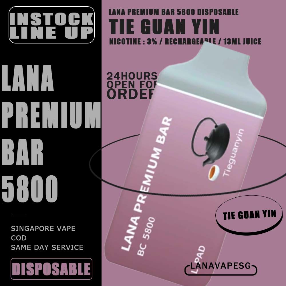 LANA PREMIUM BAR 5800 DISPOSABLE - VAPE SG Take the Best Seller Flavour Top from LANA PREMIUM BAR DISPOSABLE ! Tie Guan Yin Premium Bar 5800 Puffs Tieguanyin Disposable Vape is a fantastic choice for anyone looking for a convenient and reliable vaping experience. The kit comes in a compact and light weight design, making it easy to carry with you wherever you go. One of the standout features of the Premium Bar 5800  is its impressive battery life. SPECIFITION : Pre-filled 13ml Vape Juice 350mAh Nicotine Strength: 3% (50mg) Rechargeable Disposable ⚠️Lana Premium Bar 5800 Disposable Flavour Line Up⚠️ Banana Ice Champagne Apple Cola Grape Honeydew Long Jing Tea Lychee Mango Peach Passion Peach Peach Oolong Tea Pineapple Rootbeer Sprite Lemon Strawberry Banana Strawberry Grape Strawberry Milk Strawberry Watermelon Thai Mango Tie Guan Yin Watermelon Watermelon Lychee SG VAPE COD SAME DAY DELIVERY , CASH ON DELIVERY ONLY. ORDER BEFORE 5PM , SAME DAY NIGHT SLOT 7PM – 10PM RECEIVED PARCEL. TAKE BULK ORDER /MORE ORDER PLS CONTACT US : LANAVAPESG WHATSAPP VIEW OUR DAILY NEWS INFORMATION VAPE : LANAVAPESG CHANNEL