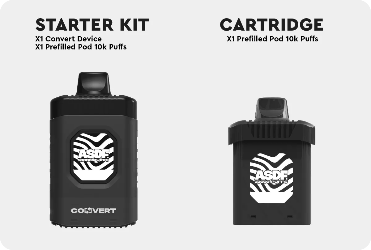 What is ASDF Vape? ASDF CONVERT STARTER KIT 20ml of salt nicotine  5% strength Long lasting battery of 500mah (Type-C Rechargeable) with Led battery indicator: Green 71-100%, Blue 26-70%, Red