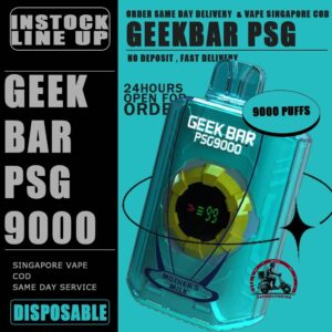 GEEK BAR PSG 9000 DISPOSABLE - VAPE DELIVERY SG SINGAPORE Unleash the power of vaping with the GEEK BAR PSG 9000 Puffs Disposable Pod. Experience an astounding capacity of up to 9000 puffs, ensuring prolonged enjoyment without the hassle of frequent replacements. Embrace the convenience of its Type C Rechargeable feature, allowing you to recharge and savor your favorite flavors at your convenience Stay in control and never miss a beat with the Smart Screen Indicator, keeping you updated on both battery and e-liquid levels in real-time. With Adjustable Airflow, tailor your vaping experience to perfection, delivering smooth and flavorful clouds that suit your unique preferences. Elevate your vaping journey today and enjoy unmatched performance, convenience, and satisfaction with the GEEKBAR! Specifications: Approx.9000 Puffs Rechargeable Battery Adjustable Airflow Charging Port: Type-C ⚠️GEEK BAR PSG 9000 FLAVOUR LIST⚠️ Chocolate Mocha Classic Double Rootbeer Grape Blackcurrant Mango Blackcurrent Mix Berries Sirap Bandung Strawberry Watermelon Triple Mango Vanilla Cream Puff Watermelon Pear Dewberry Cream Honeydew Melon Mango Pineapple Mother Milk Juicy Watermelon Apple Asam boi Ice Popsicle Strawberry Lemonade SG VAPE COD SAME DAY DELIVERY , CASH ON DELIVERY ONLY. TAKE BULK ORDER /MORE ORDER PLS CONTACT ME : VAPEDELIVERYSG VIEW OUR DAILY NEWS INFORMATION VAPE : TELEGRAM CHANNEL