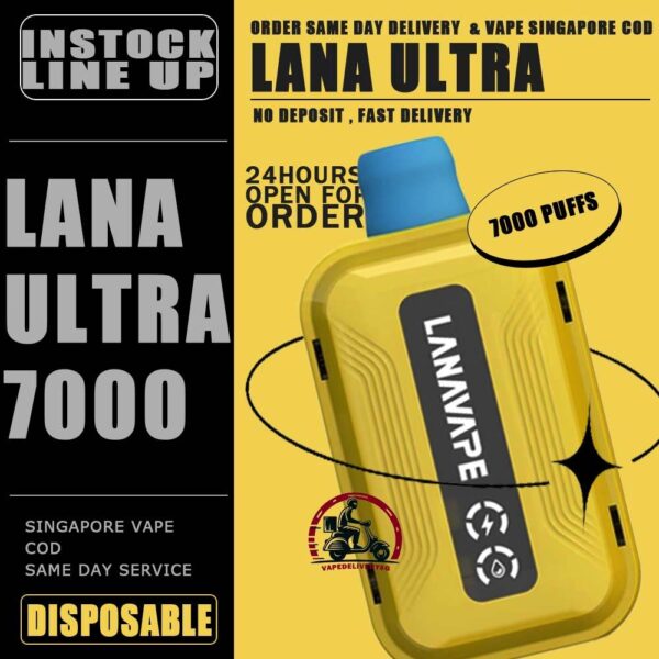 LANA ULTRA 7000 DISPOSABLE - VAPE DELIVERY SG SINGAPORE The LANA Ultra 7000 Puffs disposable vape is a vaporizer that contains 3% nicotine. This disposable device is designed to provide users with the best quality vapor possible, making it an excellent choice for those who enjoy nicotine. This device was specifically created to offer a superior experience for nicotine enthusiasts and can enhance your buzz for a significant amount of time. lt's featured an intelligent LED display shows the battery life and eliquid indicator. The battery life is shown in a percentage. The e-Liquid indicator is shown as a waterdrop let with lines in it. It is with mesh coil. These devices use a heating element that has mesh material, creating a larger surface area for the e-liquid to contact and heat up evenly. The more lines in the droplet, the higher the juice amount is. It is the perfect choice for vapers looking for a high-quality, long-lasting, and convenient vape. With its impressive 10ML capacity and 550mAh battery, this device is designed to last fordays, delivering up to 7000 puffs per device. The LANA Ultra 7000 Puffs disposable vape with strong flavors that outlast the competition. Specifition :  Nicotine 30mg (3%) Approx. 7000 puffs Capacity 10ml Rechargeable Battery 550mAh Charging Port: Type-C ⚠️LANA ULTRA 7000 DISPOSABLE FLAVOUR LINE UP⚠️ Chilled Watermelon Cool Lychee Cool Sarsi Double Mint Dongding Oolong Tea Grape Ribena Honey Grape Jasmine Longjing Tea Lemon Cola Lemon Grapefruit Mango Yakult Mixed Berries Mung Bean Ice Peach Oolong Sea Salt Lemon Super Passion Fruit Strawberry Kiwi Strawberry Watermelon Tieguanyin Tea Ultra Freeze Kumquat Lemon (New) Green Apple Grape (New) Watermelon Jasmine Tea (New) Chrysanthemum Tea (New) SG VAPE COD SAME DAY DELIVERY , CASH ON DELIVERY ONLY. TAKE BULK ORDER /MORE ORDER PLS CONTACT ME : VAPEDELIVERYSG VIEW OUR DAILY NEWS INFORMATION VAPE : TELEGRAM CHANNEL