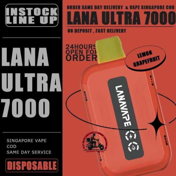 LANA ULTRA 7000 DISPOSABLE - VAPE DELIVERY SG SINGAPORE The LANA Ultra 7000 Puffs disposable vape is a vaporizer that contains 3% nicotine. This disposable device is designed to provide users with the best quality vapor possible, making it an excellent choice for those who enjoy nicotine. This device was specifically created to offer a superior experience for nicotine enthusiasts and can enhance your buzz for a significant amount of time. lt's featured an intelligent LED display shows the battery life and eliquid indicator. The battery life is shown in a percentage. The e-Liquid indicator is shown as a waterdrop let with lines in it. It is with mesh coil. These devices use a heating element that has mesh material, creating a larger surface area for the e-liquid to contact and heat up evenly. The more lines in the droplet, the higher the juice amount is. It is the perfect choice for vapers looking for a high-quality, long-lasting, and convenient vape. With its impressive 10ML capacity and 550mAh battery, this device is designed to last fordays, delivering up to 7000 puffs per device. The LANA Ultra 7000 Puffs disposable vape with strong flavors that outlast the competition. Specifition :  Nicotine 30mg (3%) Approx. 7000 puffs Capacity 10ml Rechargeable Battery 550mAh Charging Port: Type-C ⚠️LANA ULTRA 7000 DISPOSABLE FLAVOUR LINE UP⚠️ Chilled Watermelon Cool Lychee Cool Sarsi Double Mint Dongding Oolong Tea Grape Ribena Honey Grape Jasmine Longjing Tea Lemon Cola Lemon Grapefruit Mango Yakult Mixed Berries Mung Bean Ice Peach Oolong Sea Salt Lemon Super Passion Fruit Strawberry Kiwi Strawberry Watermelon Tieguanyin Tea Ultra Freeze SG VAPE COD SAME DAY DELIVERY , CASH ON DELIVERY ONLY. TAKE BULK ORDER /MORE ORDER PLS CONTACT ME : VAPEDELIVERYSG VIEW OUR DAILY NEWS INFORMATION VAPE : TELEGRAM CHANNEL