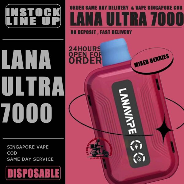 LANA ULTRA 7000 DISPOSABLE - VAPE DELIVERY SG SINGAPORE The LANA Ultra 7000 Puffs disposable vape is a vaporizer that contains 3% nicotine. This disposable device is designed to provide users with the best quality vapor possible, making it an excellent choice for those who enjoy nicotine. This device was specifically created to offer a superior experience for nicotine enthusiasts and can enhance your buzz for a significant amount of time. lt's featured an intelligent LED display shows the battery life and eliquid indicator. The battery life is shown in a percentage. The e-Liquid indicator is shown as a waterdrop let with lines in it. It is with mesh coil. These devices use a heating element that has mesh material, creating a larger surface area for the e-liquid to contact and heat up evenly. The more lines in the droplet, the higher the juice amount is. It is the perfect choice for vapers looking for a high-quality, long-lasting, and convenient vape. With its impressive 10ML capacity and 550mAh battery, this device is designed to last fordays, delivering up to 7000 puffs per device. The LANA Ultra 7000 Puffs disposable vape with strong flavors that outlast the competition. Specifition :  Nicotine 30mg (3%) Approx. 7000 puffs Capacity 10ml Rechargeable Battery 550mAh Charging Port: Type-C ⚠️LANA ULTRA 7000 DISPOSABLE FLAVOUR LINE UP⚠️ Chilled Watermelon Cool Lychee Cool Sarsi Double Mint Dongding Oolong Tea Grape Ribena Honey Grape Jasmine Longjing Tea Lemon Cola Lemon Grapefruit Mango Yakult Mixed Berries Mung Bean Ice Peach Oolong Sea Salt Lemon Super Passion Fruit Strawberry Kiwi Strawberry Watermelon Tieguanyin Tea Ultra Freeze SG VAPE COD SAME DAY DELIVERY , CASH ON DELIVERY ONLY. TAKE BULK ORDER /MORE ORDER PLS CONTACT ME : VAPEDELIVERYSG VIEW OUR DAILY NEWS INFORMATION VAPE : TELEGRAM CHANNEL