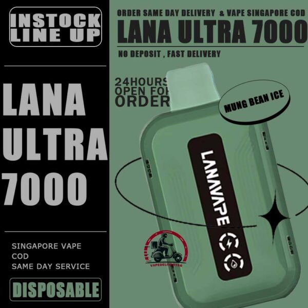 LANA ULTRA 7000 DISPOSABLE - VAPE DELIVERY SG SINGAPORE The LANA Ultra 7000 Puffs disposable vape is a vaporizer that contains 3% nicotine. This disposable device is designed to provide users with the best quality vapor possible, making it an excellent choice for those who enjoy nicotine. This device was specifically created to offer a superior experience for nicotine enthusiasts and can enhance your buzz for a significant amount of time. lt's featured an intelligent LED display shows the battery life and eliquid indicator. The battery life is shown in a percentage. The e-Liquid indicator is shown as a waterdrop let with lines in it. It is with mesh coil. These devices use a heating element that has mesh material, creating a larger surface area for the e-liquid to contact and heat up evenly. The more lines in the droplet, the higher the juice amount is. It is the perfect choice for vapers looking for a high-quality, long-lasting, and convenient vape. With its impressive 10ML capacity and 550mAh battery, this device is designed to last fordays, delivering up to 7000 puffs per device. The LANA Ultra 7000 Puffs disposable vape with strong flavors that outlast the competition. Specifition :  Nicotine 30mg (3%) Approx. 7000 puffs Capacity 10ml Rechargeable Battery 550mAh Charging Port: Type-C ⚠️LANA ULTRA 7000 DISPOSABLE FLAVOUR LINE UP⚠️ Chilled Watermelon Cool Lychee Cool Sarsi Double Mint Dongding Oolong Tea Grape Ribena Honey Grape Jasmine Longjing Tea Lemon Cola Lemon Grapefruit Mango Yakult Mixed Berries Mung Bean Ice Peach Oolong Sea Salt Lemon Super Passion Fruit Strawberry Kiwi Strawberry Watermelon Tieguanyin Tea Ultra Freeze SG VAPE COD SAME DAY DELIVERY , CASH ON DELIVERY ONLY. TAKE BULK ORDER /MORE ORDER PLS CONTACT ME : VAPEDELIVERYSG VIEW OUR DAILY NEWS INFORMATION VAPE : TELEGRAM CHANNEL