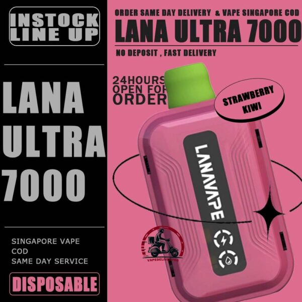 LANA ULTRA 7000 DISPOSABLE - VAPE DELIVERY SG SINGAPORE The LANA Ultra 7000 Puffs disposable vape is a vaporizer that contains 3% nicotine. This disposable device is designed to provide users with the best quality vapor possible, making it an excellent choice for those who enjoy nicotine. This device was specifically created to offer a superior experience for nicotine enthusiasts and can enhance your buzz for a significant amount of time. lt's featured an intelligent LED display shows the battery life and eliquid indicator. The battery life is shown in a percentage. The e-Liquid indicator is shown as a waterdrop let with lines in it. It is with mesh coil. These devices use a heating element that has mesh material, creating a larger surface area for the e-liquid to contact and heat up evenly. The more lines in the droplet, the higher the juice amount is. It is the perfect choice for vapers looking for a high-quality, long-lasting, and convenient vape. With its impressive 10ML capacity and 550mAh battery, this device is designed to last fordays, delivering up to 7000 puffs per device. The LANA Ultra 7000 Puffs disposable vape with strong flavors that outlast the competition. Specifition :  Nicotine 30mg (3%) Approx. 7000 puffs Capacity 10ml Rechargeable Battery 550mAh Charging Port: Type-C ⚠️LANA ULTRA 7000 DISPOSABLE FLAVOUR LINE UP⚠️ Chilled Watermelon Cool Lychee Cool Sarsi Double Mint Dongding Oolong Tea Grape Ribena Honey Grape Jasmine Longjing Tea Lemon Cola Lemon Grapefruit Mango Yakult Mixed Berries Mung Bean Ice Peach Oolong Sea Salt Lemon Super Passion Fruit Strawberry Kiwi Strawberry Watermelon Tieguanyin Tea Ultra Freeze SG VAPE COD SAME DAY DELIVERY , CASH ON DELIVERY ONLY. TAKE BULK ORDER /MORE ORDER PLS CONTACT ME : VAPEDELIVERYSG VIEW OUR DAILY NEWS INFORMATION VAPE : TELEGRAM CHANNEL