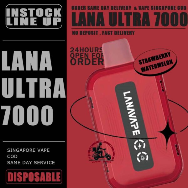 LANA ULTRA 7000 DISPOSABLE - VAPE DELIVERY SG SINGAPORE The LANA Ultra 7000 Puffs disposable vape is a vaporizer that contains 3% nicotine. This disposable device is designed to provide users with the best quality vapor possible, making it an excellent choice for those who enjoy nicotine. This device was specifically created to offer a superior experience for nicotine enthusiasts and can enhance your buzz for a significant amount of time. lt's featured an intelligent LED display shows the battery life and eliquid indicator. The battery life is shown in a percentage. The e-Liquid indicator is shown as a waterdrop let with lines in it. It is with mesh coil. These devices use a heating element that has mesh material, creating a larger surface area for the e-liquid to contact and heat up evenly. The more lines in the droplet, the higher the juice amount is. It is the perfect choice for vapers looking for a high-quality, long-lasting, and convenient vape. With its impressive 10ML capacity and 550mAh battery, this device is designed to last fordays, delivering up to 7000 puffs per device. The LANA Ultra 7000 Puffs disposable vape with strong flavors that outlast the competition. Specifition :  Nicotine 30mg (3%) Approx. 7000 puffs Capacity 10ml Rechargeable Battery 550mAh Charging Port: Type-C ⚠️LANA ULTRA 7000 DISPOSABLE FLAVOUR LINE UP⚠️ Chilled Watermelon Cool Lychee Cool Sarsi Double Mint Dongding Oolong Tea Grape Ribena Honey Grape Jasmine Longjing Tea Lemon Cola Lemon Grapefruit Mango Yakult Mixed Berries Mung Bean Ice Peach Oolong Sea Salt Lemon Super Passion Fruit Strawberry Kiwi Strawberry Watermelon Tieguanyin Tea Ultra Freeze SG VAPE COD SAME DAY DELIVERY , CASH ON DELIVERY ONLY. TAKE BULK ORDER /MORE ORDER PLS CONTACT ME : VAPEDELIVERYSG VIEW OUR DAILY NEWS INFORMATION VAPE : TELEGRAM CHANNEL