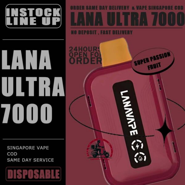 LANA ULTRA 7000 DISPOSABLE - VAPE DELIVERY SG SINGAPORE The LANA Ultra 7000 Puffs disposable vape is a vaporizer that contains 3% nicotine. This disposable device is designed to provide users with the best quality vapor possible, making it an excellent choice for those who enjoy nicotine. This device was specifically created to offer a superior experience for nicotine enthusiasts and can enhance your buzz for a significant amount of time. lt's featured an intelligent LED display shows the battery life and eliquid indicator. The battery life is shown in a percentage. The e-Liquid indicator is shown as a waterdrop let with lines in it. It is with mesh coil. These devices use a heating element that has mesh material, creating a larger surface area for the e-liquid to contact and heat up evenly. The more lines in the droplet, the higher the juice amount is. It is the perfect choice for vapers looking for a high-quality, long-lasting, and convenient vape. With its impressive 10ML capacity and 550mAh battery, this device is designed to last fordays, delivering up to 7000 puffs per device. The LANA Ultra 7000 Puffs disposable vape with strong flavors that outlast the competition. Specifition :  Nicotine 30mg (3%) Approx. 7000 puffs Capacity 10ml Rechargeable Battery 550mAh Charging Port: Type-C ⚠️LANA ULTRA 7000 DISPOSABLE FLAVOUR LINE UP⚠️ Chilled Watermelon Cool Lychee Cool Sarsi Double Mint Dongding Oolong Tea Grape Ribena Honey Grape Jasmine Longjing Tea Lemon Cola Lemon Grapefruit Mango Yakult Mixed Berries Mung Bean Ice Peach Oolong Sea Salt Lemon Super Passion Fruit Strawberry Kiwi Strawberry Watermelon Tieguanyin Tea Ultra Freeze SG VAPE COD SAME DAY DELIVERY , CASH ON DELIVERY ONLY. TAKE BULK ORDER /MORE ORDER PLS CONTACT ME : VAPEDELIVERYSG VIEW OUR DAILY NEWS INFORMATION VAPE : TELEGRAM CHANNEL