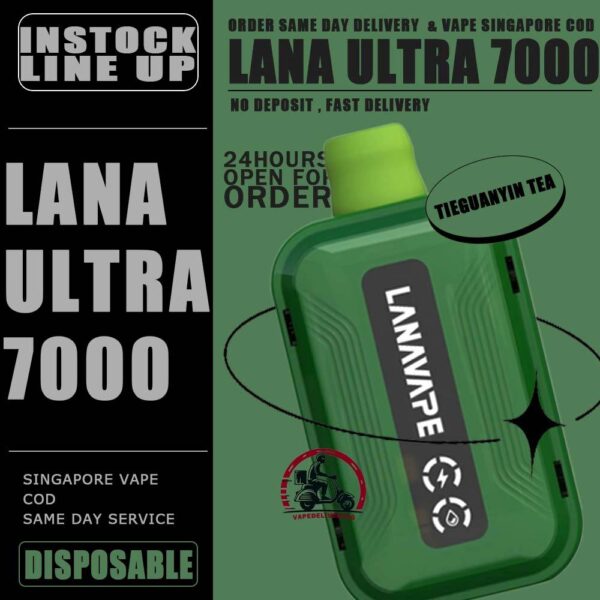 LANA ULTRA 7000 DISPOSABLE - VAPE DELIVERY SG SINGAPORE The LANA Ultra 7000 Puffs disposable vape is a vaporizer that contains 3% nicotine. This disposable device is designed to provide users with the best quality vapor possible, making it an excellent choice for those who enjoy nicotine. This device was specifically created to offer a superior experience for nicotine enthusiasts and can enhance your buzz for a significant amount of time. lt's featured an intelligent LED display shows the battery life and eliquid indicator. The battery life is shown in a percentage. The e-Liquid indicator is shown as a waterdrop let with lines in it. It is with mesh coil. These devices use a heating element that has mesh material, creating a larger surface area for the e-liquid to contact and heat up evenly. The more lines in the droplet, the higher the juice amount is. It is the perfect choice for vapers looking for a high-quality, long-lasting, and convenient vape. With its impressive 10ML capacity and 550mAh battery, this device is designed to last fordays, delivering up to 7000 puffs per device. The LANA Ultra 7000 Puffs disposable vape with strong flavors that outlast the competition. Specifition :  Nicotine 30mg (3%) Approx. 7000 puffs Capacity 10ml Rechargeable Battery 550mAh Charging Port: Type-C ⚠️LANA ULTRA 7000 DISPOSABLE FLAVOUR LINE UP⚠️ Chilled Watermelon Cool Lychee Cool Sarsi Double Mint Dongding Oolong Tea Grape Ribena Honey Grape Jasmine Longjing Tea Lemon Cola Lemon Grapefruit Mango Yakult Mixed Berries Mung Bean Ice Peach Oolong Sea Salt Lemon Super Passion Fruit Strawberry Kiwi Strawberry Watermelon Tieguanyin Tea Ultra Freeze SG VAPE COD SAME DAY DELIVERY , CASH ON DELIVERY ONLY. TAKE BULK ORDER /MORE ORDER PLS CONTACT ME : VAPEDELIVERYSG VIEW OUR DAILY NEWS INFORMATION VAPE : TELEGRAM CHANNEL