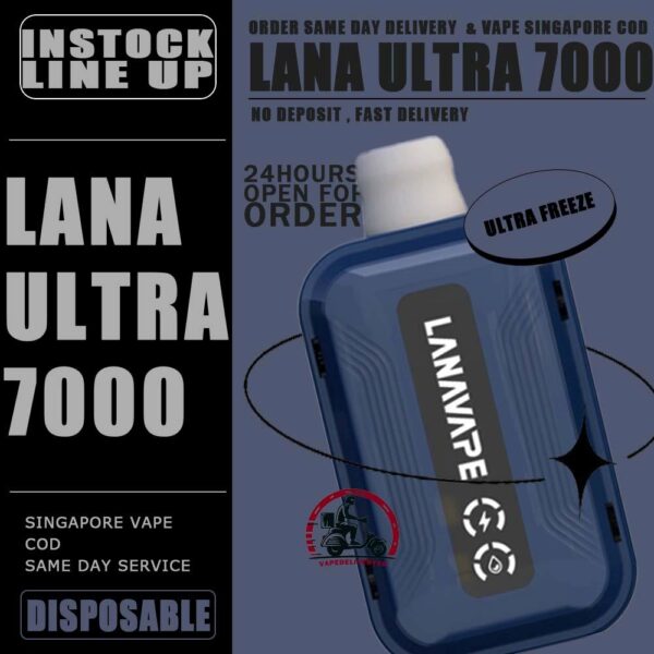 LANA ULTRA 7000 DISPOSABLE - VAPE DELIVERY SG SINGAPORE The LANA Ultra 7000 Puffs disposable vape is a vaporizer that contains 3% nicotine. This disposable device is designed to provide users with the best quality vapor possible, making it an excellent choice for those who enjoy nicotine. This device was specifically created to offer a superior experience for nicotine enthusiasts and can enhance your buzz for a significant amount of time. lt's featured an intelligent LED display shows the battery life and eliquid indicator. The battery life is shown in a percentage. The e-Liquid indicator is shown as a waterdrop let with lines in it. It is with mesh coil. These devices use a heating element that has mesh material, creating a larger surface area for the e-liquid to contact and heat up evenly. The more lines in the droplet, the higher the juice amount is. It is the perfect choice for vapers looking for a high-quality, long-lasting, and convenient vape. With its impressive 10ML capacity and 550mAh battery, this device is designed to last fordays, delivering up to 7000 puffs per device. The LANA Ultra 7000 Puffs disposable vape with strong flavors that outlast the competition. Specifition :  Nicotine 30mg (3%) Approx. 7000 puffs Capacity 10ml Rechargeable Battery 550mAh Charging Port: Type-C ⚠️LANA ULTRA 7000 DISPOSABLE FLAVOUR LINE UP⚠️ Chilled Watermelon Cool Lychee Cool Sarsi Double Mint Dongding Oolong Tea Grape Ribena Honey Grape Jasmine Longjing Tea Lemon Cola Lemon Grapefruit Mango Yakult Mixed Berries Mung Bean Ice Peach Oolong Sea Salt Lemon Super Passion Fruit Strawberry Kiwi Strawberry Watermelon Tieguanyin Tea Ultra Freeze SG VAPE COD SAME DAY DELIVERY , CASH ON DELIVERY ONLY. TAKE BULK ORDER /MORE ORDER PLS CONTACT ME : VAPEDELIVERYSG VIEW OUR DAILY NEWS INFORMATION VAPE : TELEGRAM CHANNEL