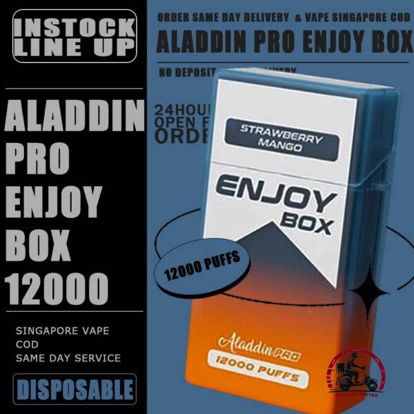 ALADDIN PRO ENJOY BOX 12000 DISPOSABLE - VAPE DELIVERY SG SINGAPORE The Aladdin Pro enjoy 12K puffs Ready stock in our sg singapore store online shop for same day delivery. Discover the latest Aladdin Pro Enjoy Box 12000 Puffs Disposable ! Design in a sleek cigarette-box-style design with a cap for mouthpiece protection! Enjoy 15 delightful flavors with 12K smooth puffs, each bursting with sweet perfection! The Aladdin Pro 12k New Vape in our Vape Singapore Ready Stock , get it now with us and same day delivery ! Enjoy delicious vaping experience . Specification : Puffs : 12,000 Coil : 1.0 Ohm Mesh coil Battery Capacity : 650mAh Rechargeable Nicotine Strength : 5% Charging Time : Roughly 10 min - 15 min ⚠️ALADDIN ENJOY BOX 12000 FLAVOUR LINE UP⚠️ Double Mango Candy Energy Drink Guava Hazelnut Coffee Honeydew Honeydew Yakult Mango Mango Bubblegum Mango Yakult Mango Peach Mixed Bubblegum Sirap Bandung Solero Lime Solero Yakult Solero Ice Cream Sour Bubblegum Strawberry Blackcurrant Strawberry Bubblegum Strawberry Grape Strawberry Mango White Coffee Yakult Strawberry Kiwi Gummy Bear Grape Lychee Grape Bubblegum Sakura Grape SG VAPE COD SAME DAY DELIVERY , CASH ON DELIVERY ONLY. TAKE BULK ORDER /MORE ORDER PLS CONTACT ME : VAPEDELIVERYSG VIEW OUR DAILY NEWS INFORMATION VAPE : TELEGRAM CHANNEL