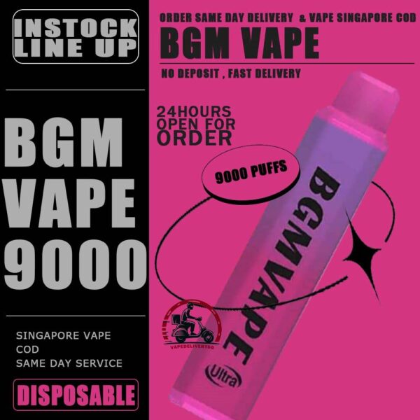 BGM VAPE 9000 DISPOSABLE - VAPE DELIVERY SG SINGAPORE Bgm Vape Ultra Rechargeable Disposable comes with a massive 9000 puffs. Singapore Vaper no need worries not enough to use. The device is portable and light, vaper can bring it to anywhere with hassle-free . BGM vape flavours is focusing in cold and fruit-based. The best seller flavors are tie guan yin, superb mint and mango melon. Specification : Puff : 9000 Puffs Volume : 12ML Flavour Charging : Rechargeable with Type C Coil : Mesh Coil Fully Charged Time : 20mins Nicotine Strength : 5% ⚠️BGM VAPE 9000 FLAVOUR LINE UP⚠️ Yacult Orange Jasmine Tea Mango Melon Litchi Ice Yacult Grape Tie Guan Yin Luch Ice Superb Mint Fuji Apple Pure Passion Peach Oolong Double Melon Pure Grape watermelon lychee Taro Creamy Peach Lychee Watermelon Black Tea SG VAPE COD SAME DAY DELIVERY , CASH ON DELIVERY ONLY. TAKE BULK ORDER /MORE ORDER PLS CONTACT ME : VAPEDELIVERYSG VIEW OUR DAILY NEWS INFORMATION VAPE : TELEGRAM CHANNEL