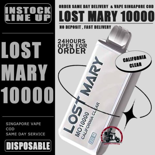 LOST MARY MO 10000 DISPOSABLE - VAPE DELIVERY SG SINGAPORE The Lost Mary MO 10000 Disposable ready stock in singapore sg vape cod , The kit is a sophisticated and user-friendly vaping device designed for convenience and longevity.  It comes pre-filled with 17mL of e-liquid, ensuring a long-lasting vaping experience without the need for frequent refills. This vape contains a 5% salt nicotine concentration, providing a satisfying hit with each puff. Salt nicotine is known for its smoother throat hit compared to traditional nicotine. Specification : Puff : 10000 Puffs Volume : 17ML Flavour Charging : Rechargeable with Type C Coil : Mesh Coil Fully Charged Time : 20mins Nicotine Strength : 5% ⚠️LOST MARY MO 10000 DISPOSABLE LIST⚠️ Lemon Cola Blueberry Banana Bubblegum Guava Peach Strawberry Watermelon Grape Mango Orange Pineapple Watermelon Bubblegum Solero Lime Triple Mango Lychee Cantaloupe Strawberry Yakult Double Apple Fresh Mint Peach Plus Rose Grape SG VAPE COD SAME DAY DELIVERY , CASH ON DELIVERY ONLY. TAKE BULK ORDER /MORE ORDER PLS CONTACT ME : VAPEDELIVERYSG VIEW OUR DAILY NEWS INFORMATION VAPE : TELEGRAM CHANNEL