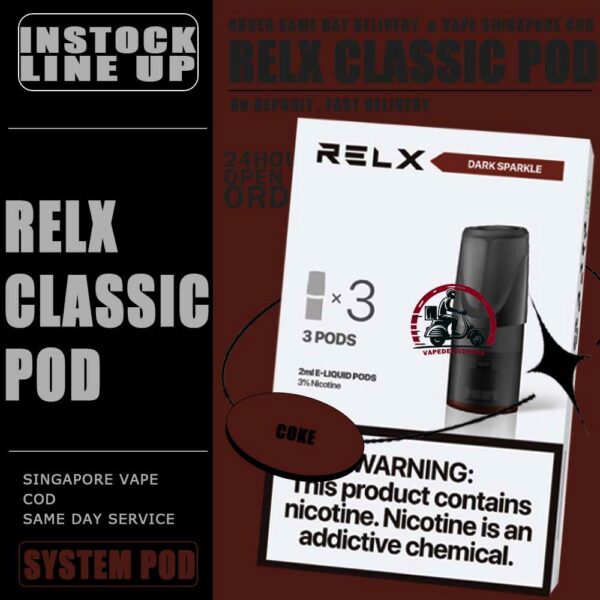 RELX CLASSIC POD - VAPE DELIVERY SG SINGAPORE The RELX POD CLASSIC VAPE Ready stock in our sg singapore store online shop for same day delivery.  is including 3 pods in per box of Classic First Gen Relx. The RELX Difference RELX combines cutting edge, next generation vaping technology with stylish, minimalist designs to give you products that are more elegant and sophisticated than you can find in any other online vapor store. Discover out signature Classic Tobacco , Cool Mint 5% Nicotine flavor, alongside popular options like Relx Pod Watermelon Ice, Tangy Grape , Tie Guan Yin , Jasmine Green Tea, Strawberry Burst, and Peach Oolong. For those craving extra sweetness, you can also enjoy Coke or Honeydew flavors. Specifications : Nicotine : 3% / 5% Capacity : 2ml Ceramic atomizing technology for authentic flavor and throat hit sensation ⚠️RELX CLASSIC POD COMPATIBLE DEVICE WITH⚠️ Dark Rider 3s Device DD Touch Device INSTAR Device RELX Device SP2 Device ⚠️RELX CLASSIS POD FLAVOUR LINE UP⚠️ Classic Tobacco 5% Cool Mint 5% Coke Grape Green Bean Honeydew Icy Slush Passion Fruit Peach Oolong Watermelon Strawberry Burst (Ice) Jasmine Green Tea (Ice) Tie Guan Yin Tea (Ice) Green Grape (Ice) Long Jing Tea (Ice) SG VAPE COD SAME DAY DELIVERY , CASH ON DELIVERY ONLY. TAKE BULK ORDER /MORE ORDER PLS CONTACT ME : VAPEDELIVERYSG VIEW OUR DAILY NEWS INFORMATION VAPE : TELEGRAM CHANNEL