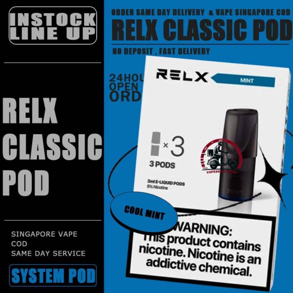 RELX CLASSIC POD - VAPE DELIVERY SG SINGAPORE The RELX POD CLASSIC VAPE Ready stock in our sg singapore store online shop for same day delivery.  is including 3 pods in per box of Classic First Gen Relx. The RELX Difference RELX combines cutting edge, next generation vaping technology with stylish, minimalist designs to give you products that are more elegant and sophisticated than you can find in any other online vapor store. Discover out signature Classic Tobacco , Cool Mint 5% Nicotine flavor, alongside popular options like Relx Pod Watermelon Ice, Tangy Grape , Tie Guan Yin , Jasmine Green Tea, Strawberry Burst, and Peach Oolong. For those craving extra sweetness, you can also enjoy Coke or Honeydew flavors. Specifications : Nicotine : 3% / 5% Capacity : 2ml Ceramic atomizing technology for authentic flavor and throat hit sensation ⚠️RELX CLASSIC POD COMPATIBLE DEVICE WITH⚠️ Dark Rider 3s Device DD Touch Device INSTAR Device RELX Device SP2 Device ⚠️RELX CLASSIS POD FLAVOUR LINE UP⚠️ Classic Tobacco 5% Cool Mint 5% Coke Grape Green Bean Honeydew Icy Slush Passion Fruit Peach Oolong Watermelon Strawberry Burst (Ice) Jasmine Green Tea (Ice) Tie Guan Yin Tea (Ice) Green Grape (Ice) Long Jing Tea (Ice) SG VAPE COD SAME DAY DELIVERY , CASH ON DELIVERY ONLY. TAKE BULK ORDER /MORE ORDER PLS CONTACT ME : VAPEDELIVERYSG VIEW OUR DAILY NEWS INFORMATION VAPE : TELEGRAM CHANNEL