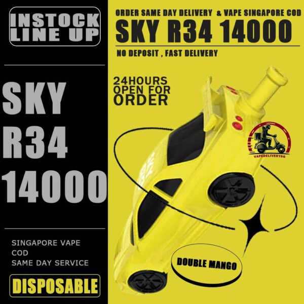 SKY R34 14000 DISPOSABLE - VAPE DELIVERY SG SINGAPORE The SKY R34 14000 DISPOSABLE in our Vape Singapore Store Ready Stock ,  Get it now with us and same day delivery ! The Sky GTRR34 offers an extended vaping experience with approximately 14000 puffs in a single device. It features a high nicotine concentration for a satisfying hit and comes with a rechargeable battery, ensuring longevity and convenience. The device is designed to be user-friendly and portable, offering a seamless vaping experience without the need for frequent refills or recharges. Its impressive puff capacity makes it an ideal choice for those seeking an extended disposable vape option. Just get the Sky GTR34 14000 Vape got the more outstanding and ultimate flavor than other disposable pod kit. Specification : Puffs : 14,000 Battery Capacity : 650mAh Rechargeable with Type C E-liquid Capacity : 25ml Nicotine Strength : 5% Charging Time : Roughly 10 min - 15 min ⚠️SKY GTR34 14000 DISPOSABLE FLAVOUR LINE UP⚠️ Grape Blackcurrant Sour Bubblegum Honeydew Watermelon Double Mango Lemon Cola Gummy Bear Mix Berries Mango Grape Mango Lychee Solero Lime SG VAPE COD SAME DAY DELIVERY , CASH ON DELIVERY ONLY. TAKE BULK ORDER /MORE ORDER PLS CONTACT ME : VAPEDELIVERYSG VIEW OUR DAILY NEWS INFORMATION VAPE : TELEGRAM CHANNEL