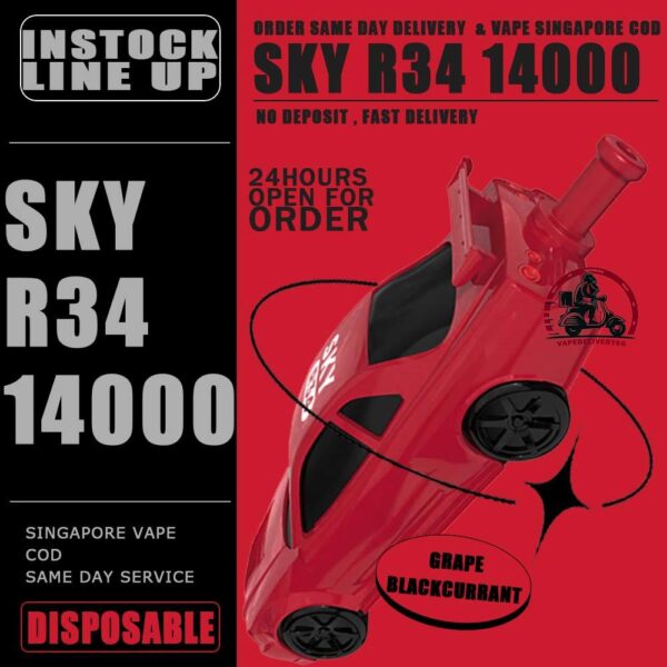 SKY R34 14000 DISPOSABLE - VAPE DELIVERY SG SINGAPORE The SKY R34 14000 DISPOSABLE in our Vape Singapore Store Ready Stock ,  Get it now with us and same day delivery ! The Sky GTRR34 offers an extended vaping experience with approximately 14000 puffs in a single device. It features a high nicotine concentration for a satisfying hit and comes with a rechargeable battery, ensuring longevity and convenience. The device is designed to be user-friendly and portable, offering a seamless vaping experience without the need for frequent refills or recharges. Its impressive puff capacity makes it an ideal choice for those seeking an extended disposable vape option. Just get the Sky GTR34 14000 Vape got the more outstanding and ultimate flavor than other disposable pod kit. Specification : Puffs : 14,000 Battery Capacity : 650mAh Rechargeable with Type C E-liquid Capacity : 25ml Nicotine Strength : 5% Charging Time : Roughly 10 min - 15 min ⚠️SKY GTR34 14000 DISPOSABLE FLAVOUR LINE UP⚠️ Grape Blackcurrant Sour Bubblegum Honeydew Watermelon Double Mango Lemon Cola Gummy Bear Mix Berries Mango Grape Mango Lychee Solero Lime SG VAPE COD SAME DAY DELIVERY , CASH ON DELIVERY ONLY. TAKE BULK ORDER /MORE ORDER PLS CONTACT ME : VAPEDELIVERYSG VIEW OUR DAILY NEWS INFORMATION VAPE : TELEGRAM CHANNEL