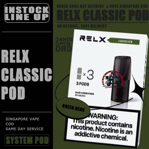 RELX CLASSIC POD - VAPE DELIVERY SG SINGAPORE The RELX POD CLASSIC VAPE Ready stock in our sg singapore store online shop for same day delivery.  is including 3 pods in per box of Classic First Gen Relx. The RELX Difference RELX combines cutting edge, next generation vaping technology with stylish, minimalist designs to give you products that are more elegant and sophisticated than you can find in any other online vapor store. Discover out signature Classic Tobacco , Cool Mint 5% Nicotine flavor, alongside popular options like Relx Pod Watermelon Ice, Tangy Grape , Tie Guan Yin , Jasmine Green Tea, Strawberry Burst, and Peach Oolong. For those craving extra sweetness, you can also enjoy Coke or Honeydew flavors. Specifications : Nicotine : 3% / 5% Capacity : 2ml Ceramic atomizing technology for authentic flavor and throat hit sensation ⚠️RELX CLASSIC POD COMPATIBLE DEVICE WITH⚠️ Dark Rider 3s Device DD Touch Device INSTAR Device RELX Device SP2 Device ⚠️RELX CLASSIS POD FLAVOUR LINE UP⚠️ Classic Tobacco 5% Cool Mint 5% Coke Grape Green Bean Honeydew Icy Slush Passion Fruit Peach Oolong Watermelon Strawberry Burst (Ice) Jasmine Green Tea (Ice) Tie Guan Yin Tea (Ice) Green Grape (Ice) Long Jing Tea (Ice) SG VAPE COD SAME DAY DELIVERY , CASH ON DELIVERY ONLY. TAKE BULK ORDER /MORE ORDER PLS CONTACT ME : VAPEDELIVERYSG VIEW OUR DAILY NEWS INFORMATION VAPE : TELEGRAM CHANNEL