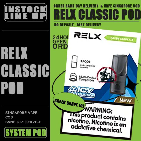 RELX CLASSIC POD - VAPE DELIVERY SG SINGAPORE The RELX POD CLASSIC VAPE Ready stock in our sg singapore store online shop for same day delivery.  is including 3 pods in per box of Classic First Gen Relx. The RELX Difference RELX combines cutting edge, next generation vaping technology with stylish, minimalist designs to give you products that are more elegant and sophisticated than you can find in any other online vapor store. Discover out signature Classic Tobacco , Cool Mint 5% Nicotine flavor, alongside popular options like Relx Pod Watermelon Ice, Tangy Grape , Tie Guan Yin , Jasmine Green Tea, Strawberry Burst, and Peach Oolong. For those craving extra sweetness, you can also enjoy Coke or Honeydew flavors. Specifications : Nicotine : 3% / 5% Capacity : 2ml Ceramic atomizing technology for authentic flavor and throat hit sensation ⚠️RELX CLASSIC POD COMPATIBLE DEVICE WITH⚠️ Dark Rider 3s Device DD Touch Device INSTAR Device RELX Device SP2 Device ⚠️RELX CLASSIS POD FLAVOUR LINE UP⚠️ Classic Tobacco 5% Cool Mint 5% Coke Grape Green Bean Honeydew Icy Slush Passion Fruit Peach Oolong Watermelon Strawberry Burst (Ice) Jasmine Green Tea (Ice) Tie Guan Yin Tea (Ice) Green Grape (Ice) Long Jing Tea (Ice) SG VAPE COD SAME DAY DELIVERY , CASH ON DELIVERY ONLY. TAKE BULK ORDER /MORE ORDER PLS CONTACT ME : VAPEDELIVERYSG VIEW OUR DAILY NEWS INFORMATION VAPE : TELEGRAM CHANNEL