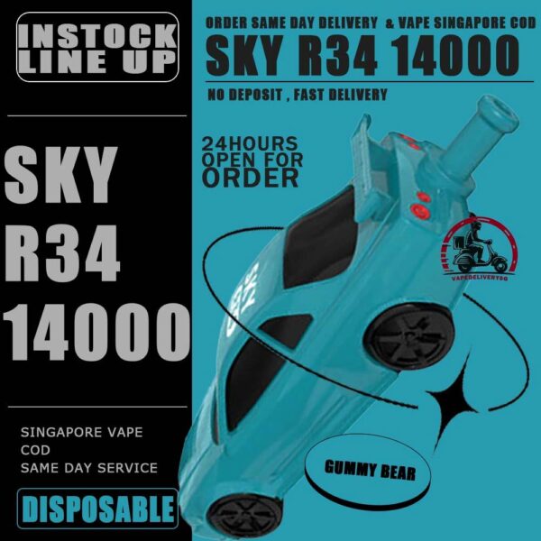 SKY R34 14000 DISPOSABLE - VAPE DELIVERY SG SINGAPORE The SKY R34 14000 DISPOSABLE in our Vape Singapore Store Ready Stock ,  Get it now with us and same day delivery ! The Sky GTRR34 offers an extended vaping experience with approximately 14000 puffs in a single device. It features a high nicotine concentration for a satisfying hit and comes with a rechargeable battery, ensuring longevity and convenience. The device is designed to be user-friendly and portable, offering a seamless vaping experience without the need for frequent refills or recharges. Its impressive puff capacity makes it an ideal choice for those seeking an extended disposable vape option. Just get the Sky GTR34 14000 Vape got the more outstanding and ultimate flavor than other disposable pod kit. Specification : Puffs : 14,000 Battery Capacity : 650mAh Rechargeable with Type C E-liquid Capacity : 25ml Nicotine Strength : 5% Charging Time : Roughly 10 min - 15 min ⚠️SKY GTR34 14000 DISPOSABLE FLAVOUR LINE UP⚠️ Grape Blackcurrant Sour Bubblegum Honeydew Watermelon Double Mango Lemon Cola Gummy Bear Mix Berries Mango Grape Mango Lychee Solero Lime SG VAPE COD SAME DAY DELIVERY , CASH ON DELIVERY ONLY. TAKE BULK ORDER /MORE ORDER PLS CONTACT ME : VAPEDELIVERYSG VIEW OUR DAILY NEWS INFORMATION VAPE : TELEGRAM CHANNEL