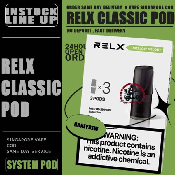 RELX CLASSIC POD - VAPE DELIVERY SG SINGAPORE The RELX POD CLASSIC VAPE Ready stock in our sg singapore store online shop for same day delivery.  is including 3 pods in per box of Classic First Gen Relx. The RELX Difference RELX combines cutting edge, next generation vaping technology with stylish, minimalist designs to give you products that are more elegant and sophisticated than you can find in any other online vapor store. Discover out signature Classic Tobacco , Cool Mint 5% Nicotine flavor, alongside popular options like Relx Pod Watermelon Ice, Tangy Grape , Tie Guan Yin , Jasmine Green Tea, Strawberry Burst, and Peach Oolong. For those craving extra sweetness, you can also enjoy Coke or Honeydew flavors. Specifications : Nicotine : 3% / 5% Capacity : 2ml Ceramic atomizing technology for authentic flavor and throat hit sensation ⚠️RELX CLASSIC POD COMPATIBLE DEVICE WITH⚠️ Dark Rider 3s Device DD Touch Device INSTAR Device RELX Device SP2 Device ⚠️RELX CLASSIS POD FLAVOUR LINE UP⚠️ Classic Tobacco 5% Cool Mint 5% Coke Grape Green Bean Honeydew Icy Slush Passion Fruit Peach Oolong Watermelon Strawberry Burst (Ice) Jasmine Green Tea (Ice) Tie Guan Yin Tea (Ice) Green Grape (Ice) Long Jing Tea (Ice) SG VAPE COD SAME DAY DELIVERY , CASH ON DELIVERY ONLY. TAKE BULK ORDER /MORE ORDER PLS CONTACT ME : VAPEDELIVERYSG VIEW OUR DAILY NEWS INFORMATION VAPE : TELEGRAM CHANNEL