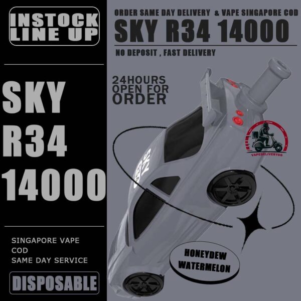 SKY R34 14000 DISPOSABLE - VAPE DELIVERY SG SINGAPORE The SKY R34 14000 DISPOSABLE in our Vape Singapore Store Ready Stock ,  Get it now with us and same day delivery ! The Sky GTRR34 offers an extended vaping experience with approximately 14000 puffs in a single device. It features a high nicotine concentration for a satisfying hit and comes with a rechargeable battery, ensuring longevity and convenience. The device is designed to be user-friendly and portable, offering a seamless vaping experience without the need for frequent refills or recharges. Its impressive puff capacity makes it an ideal choice for those seeking an extended disposable vape option. Just get the Sky GTR34 14000 Vape got the more outstanding and ultimate flavor than other disposable pod kit. Specification : Puffs : 14,000 Battery Capacity : 650mAh Rechargeable with Type C E-liquid Capacity : 25ml Nicotine Strength : 5% Charging Time : Roughly 10 min - 15 min ⚠️SKY GTR34 14000 DISPOSABLE FLAVOUR LINE UP⚠️ Grape Blackcurrant Sour Bubblegum Honeydew Watermelon Double Mango Lemon Cola Gummy Bear Mix Berries Mango Grape Mango Lychee Solero Lime SG VAPE COD SAME DAY DELIVERY , CASH ON DELIVERY ONLY. TAKE BULK ORDER /MORE ORDER PLS CONTACT ME : VAPEDELIVERYSG VIEW OUR DAILY NEWS INFORMATION VAPE : TELEGRAM CHANNEL