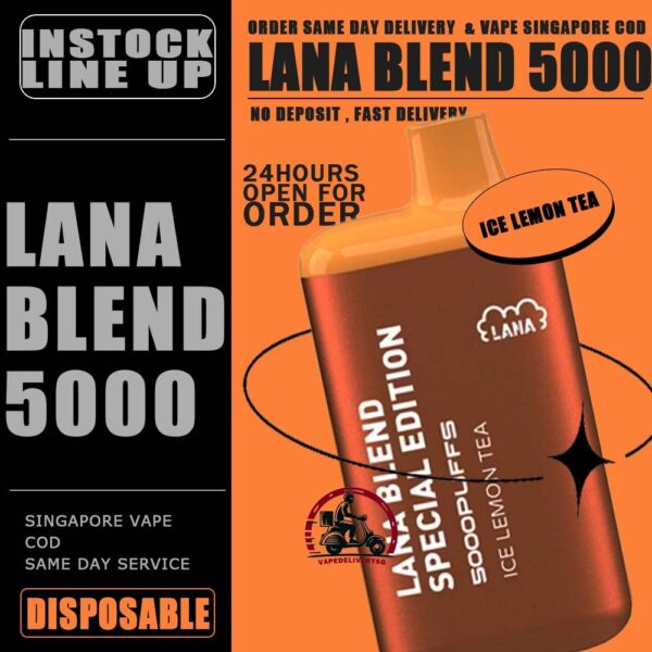 LANA BLEND EDITION 5000 DISPOSABLE - VAPE DELIVERY SG SINGAPORE Lana Blend Edition 5000 Disposable Tie Guan Yin Vape is a compact and stylish disposable vape kit that offers a convenient and satisfying vaping experince,it is perfect for those who prefer a simple yet stylish look. One of the standout features of the Lanabar 5000 is its flavour optiones. The device offers a range of flavours to choose from, each with its own unique taste profile. The flavours are well-balanced do not contain any harsh or irritant ingredients, making for a smooth and enjoyable vaping exprience. whether you prefer sweet, fruity or menthol flavors, the lanabar 5000 has something for everyone. Another advantage of the lanabar 5000 is its size and portability. Specifications : Puff : 5000 Puffs Nicotine : 3% Capacity : 13ml Battery : 850mAh Charging : Rechargeable with Type C ⚠️LANA BLEND SPECIAL 5000 FLAVOUR LINE UP⚠️ Aloe Yogurt Mango Peach Ice Strawberry Mango Ice Grape Apple Ice Grape Honey Grape Bubblegum Double Mint Chrysanthemum Tea Ice Lemon Tea Sea Salt Lemon Tie Guan Yin Yakult Watermelon Bubblegum Honeydew Watermelon Pomelo White Tea SG VAPE COD SAME DAY DELIVERY , CASH ON DELIVERY ONLY. TAKE BULK ORDER /MORE ORDER PLS CONTACT ME : VAPEDELIVERYSG VIEW OUR DAILY NEWS INFORMATION VAPE : TELEGRAM CHANNEL