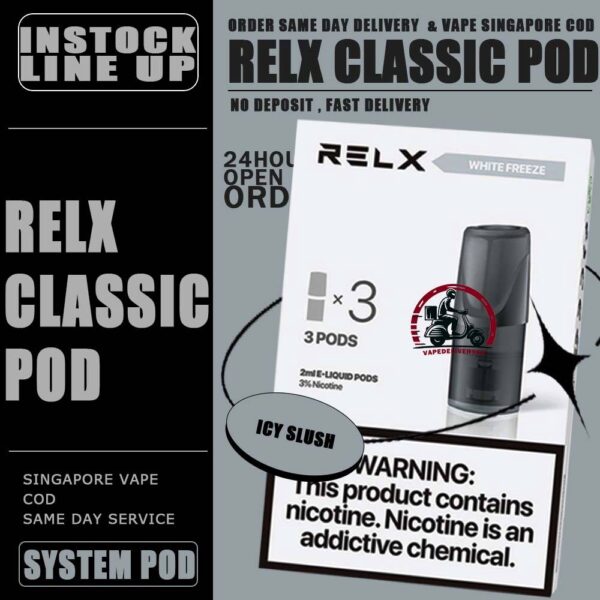 RELX CLASSIC POD - VAPE DELIVERY SG SINGAPORE The RELX POD CLASSIC VAPE Ready stock in our sg singapore store online shop for same day delivery.  is including 3 pods in per box of Classic First Gen Relx. The RELX Difference RELX combines cutting edge, next generation vaping technology with stylish, minimalist designs to give you products that are more elegant and sophisticated than you can find in any other online vapor store. Discover out signature Classic Tobacco , Cool Mint 5% Nicotine flavor, alongside popular options like Relx Pod Watermelon Ice, Tangy Grape , Tie Guan Yin , Jasmine Green Tea, Strawberry Burst, and Peach Oolong. For those craving extra sweetness, you can also enjoy Coke or Honeydew flavors. Specifications : Nicotine : 3% / 5% Capacity : 2ml Ceramic atomizing technology for authentic flavor and throat hit sensation ⚠️RELX CLASSIC POD COMPATIBLE DEVICE WITH⚠️ Dark Rider 3s Device DD Touch Device INSTAR Device RELX Device SP2 Device ⚠️RELX CLASSIS POD FLAVOUR LINE UP⚠️ Classic Tobacco 5% Cool Mint 5% Coke Grape Green Bean Honeydew Icy Slush Passion Fruit Peach Oolong Watermelon Strawberry Burst (Ice) Jasmine Green Tea (Ice) Tie Guan Yin Tea (Ice) Green Grape (Ice) Long Jing Tea (Ice) SG VAPE COD SAME DAY DELIVERY , CASH ON DELIVERY ONLY. TAKE BULK ORDER /MORE ORDER PLS CONTACT ME : VAPEDELIVERYSG VIEW OUR DAILY NEWS INFORMATION VAPE : TELEGRAM CHANNEL