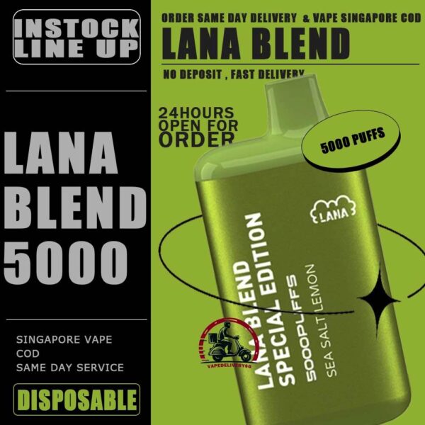 LANA BLEND EDITION 5000 DISPOSABLE - VAPE DELIVERY SG SINGAPORE Lana Blend Edition 5000 Disposable Tie Guan Yin Vape is a compact and stylish disposable vape kit that offers a convenient and satisfying vaping experince,it is perfect for those who prefer a simple yet stylish look. One of the standout features of the Lanabar 5000 is its flavour optiones. The device offers a range of flavours to choose from, each with its own unique taste profile. The flavours are well-balanced do not contain any harsh or irritant ingredients, making for a smooth and enjoyable vaping exprience. whether you prefer sweet, fruity or menthol flavors, the lanabar 5000 has something for everyone. Another advantage of the lanabar 5000 is its size and portability. Specifications : Puff : 5000 Puffs Nicotine : 3% Capacity : 13ml Battery : 850mAh Charging : Rechargeable with Type C ⚠️LANA BLEND SPECIAL 5000 FLAVOUR LINE UP⚠️ Aloe Yogurt Mango Peach Ice Strawberry Mango Ice Grape Apple Ice Grape Honey Grape Bubblegum Double Mint Chrysanthemum Tea Ice Lemon Tea Sea Salt Lemon Tie Guan Yin Yakult Watermelon Bubblegum Honeydew Watermelon Pomelo White Tea SG VAPE COD SAME DAY DELIVERY , CASH ON DELIVERY ONLY. TAKE BULK ORDER /MORE ORDER PLS CONTACT ME : VAPEDELIVERYSG VIEW OUR DAILY NEWS INFORMATION VAPE : TELEGRAM CHANNEL