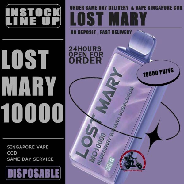 LOST MARY MO 10000 DISPOSABLE - VAPE DELIVERY SG SINGAPORE The Lost Mary MO 10000 Disposable ready stock in singapore sg vape cod , The kit is a sophisticated and user-friendly vaping device designed for convenience and longevity.  It comes pre-filled with 17mL of e-liquid, ensuring a long-lasting vaping experience without the need for frequent refills. This vape contains a 5% salt nicotine concentration, providing a satisfying hit with each puff. Salt nicotine is known for its smoother throat hit compared to traditional nicotine. Specification : Puff : 10000 Puffs Volume : 17ML Flavour Charging : Rechargeable with Type C Coil : Mesh Coil Fully Charged Time : 20mins Nicotine Strength : 5% ⚠️LOST MARY MO 10000 DISPOSABLE LIST⚠️ Lemon Cola Blueberry Banana Bubblegum Guava Peach Strawberry Watermelon Grape Mango Orange Pineapple Watermelon Bubblegum Solero Lime Triple Mango Lychee Cantaloupe Strawberry Yakult Double Apple Fresh Mint Peach Plus Rose Grape SG VAPE COD SAME DAY DELIVERY , CASH ON DELIVERY ONLY. TAKE BULK ORDER /MORE ORDER PLS CONTACT ME : VAPEDELIVERYSG VIEW OUR DAILY NEWS INFORMATION VAPE : TELEGRAM CHANNEL