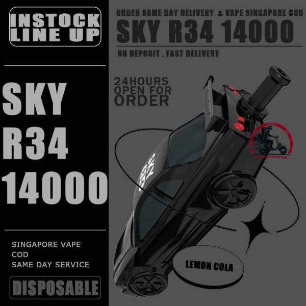 SKY R34 14000 DISPOSABLE - VAPE DELIVERY SG SINGAPORE The SKY R34 14000 DISPOSABLE in our Vape Singapore Store Ready Stock ,  Get it now with us and same day delivery ! The Sky GTRR34 offers an extended vaping experience with approximately 14000 puffs in a single device. It features a high nicotine concentration for a satisfying hit and comes with a rechargeable battery, ensuring longevity and convenience. The device is designed to be user-friendly and portable, offering a seamless vaping experience without the need for frequent refills or recharges. Its impressive puff capacity makes it an ideal choice for those seeking an extended disposable vape option. Just get the Sky GTR34 14000 Vape got the more outstanding and ultimate flavor than other disposable pod kit. Specification : Puffs : 14,000 Battery Capacity : 650mAh Rechargeable with Type C E-liquid Capacity : 25ml Nicotine Strength : 5% Charging Time : Roughly 10 min - 15 min ⚠️SKY GTR34 14000 DISPOSABLE FLAVOUR LINE UP⚠️ Grape Blackcurrant Sour Bubblegum Honeydew Watermelon Double Mango Lemon Cola Gummy Bear Mix Berries Mango Grape Mango Lychee Solero Lime SG VAPE COD SAME DAY DELIVERY , CASH ON DELIVERY ONLY. TAKE BULK ORDER /MORE ORDER PLS CONTACT ME : VAPEDELIVERYSG VIEW OUR DAILY NEWS INFORMATION VAPE : TELEGRAM CHANNEL