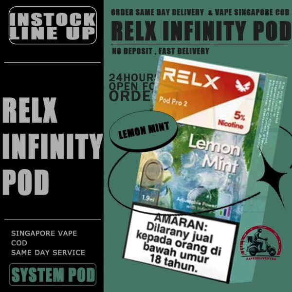 RELX INFINITY POD - VAPE DELIVERY SG SINGAPORE RELX Infinity pod come in a wide range of flavors with a massive 2ml capacity for its pre-filled nicotine salt e-juice pods that lasts approximately 650 puffs. Discover out signature Menthol Xtra 5% Nicotine flavor, alongside popular options like Infinity Pod Watermelon Ice, Tangy Grape , Mint Freeze , Jasmine Green Tea, Strawberry Burst, and Oolong Tea. For those craving extra sweetness, you can also enjoy Root Brew or Dark Sparkle flavors. Specifications : Capacity: 2ml Life Span: 500-650 puff Package Include : 1 Pack of 3 Pods ⚠️RELX INFINITY POD FLAVOUR LINE UP⚠️ Blueberry Splash Crisp Apple Jasmine Green Tea Pink Guava Root Brew Honey Pomelo Fresh Peach Lychee Ice Lemon Zest Honeydew Melon Iced Latte White Coffee Thai Milk Tea Smooth Mango Orange Sparkle Strawberry Burst Dark Sparkle Lime Sparkle Banana Freeze Ludou Ice Lime Ice Taro Scoop Oolong Tea LongJing Tea Iced Black Tea Tangy Grape Watermelon Ice Menthol Xtra Mint Freeze Lemon Mint Rich Tobacco Classic Tobacco Menthol Extra 0mg Watermelon Ice 0mg ⚠️RELX INFINITY POD COMPATIBLE WITH⚠️ DD Cube Device Relx Infinity Device Relx Phantom Device Relx Infinity 2 Device Lana Infinity Device Relx Artisan SG VAPE COD SAME DAY DELIVERY , CASH ON DELIVERY ONLY. TAKE BULK ORDER /MORE ORDER PLS CONTACT ME : VAPEDELIVERYSG VIEW OUR DAILY NEWS INFORMATION VAPE : TELEGRAM CHANNEL