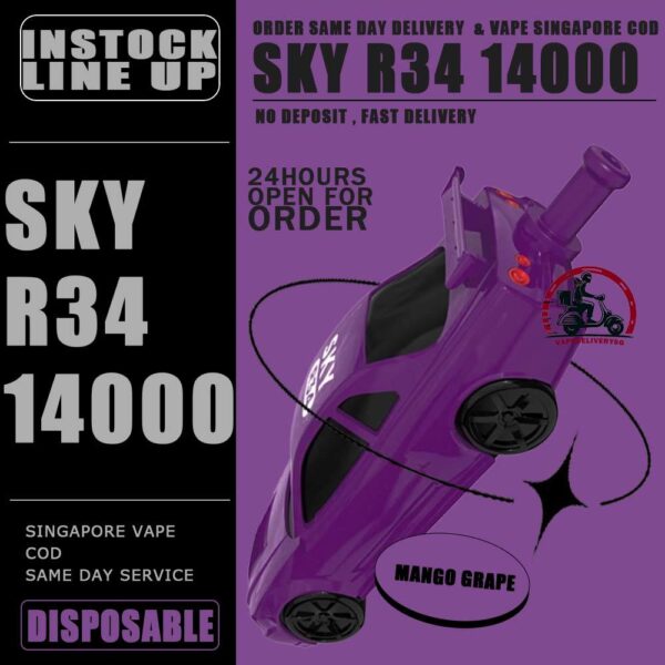 SKY R34 14000 DISPOSABLE - VAPE DELIVERY SG SINGAPORE The SKY R34 14000 DISPOSABLE in our Vape Singapore Store Ready Stock ,  Get it now with us and same day delivery ! The Sky GTRR34 offers an extended vaping experience with approximately 14000 puffs in a single device. It features a high nicotine concentration for a satisfying hit and comes with a rechargeable battery, ensuring longevity and convenience. The device is designed to be user-friendly and portable, offering a seamless vaping experience without the need for frequent refills or recharges. Its impressive puff capacity makes it an ideal choice for those seeking an extended disposable vape option. Just get the Sky GTR34 14000 Vape got the more outstanding and ultimate flavor than other disposable pod kit. Specification : Puffs : 14,000 Battery Capacity : 650mAh Rechargeable with Type C E-liquid Capacity : 25ml Nicotine Strength : 5% Charging Time : Roughly 10 min - 15 min ⚠️SKY GTR34 14000 DISPOSABLE FLAVOUR LINE UP⚠️ Grape Blackcurrant Sour Bubblegum Honeydew Watermelon Double Mango Lemon Cola Gummy Bear Mix Berries Mango Grape Mango Lychee Solero Lime SG VAPE COD SAME DAY DELIVERY , CASH ON DELIVERY ONLY. TAKE BULK ORDER /MORE ORDER PLS CONTACT ME : VAPEDELIVERYSG VIEW OUR DAILY NEWS INFORMATION VAPE : TELEGRAM CHANNEL