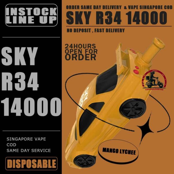 SKY R34 14000 DISPOSABLE - VAPE DELIVERY SG SINGAPORE The SKY R34 14000 DISPOSABLE in our Vape Singapore Store Ready Stock ,  Get it now with us and same day delivery ! The Sky GTRR34 offers an extended vaping experience with approximately 14000 puffs in a single device. It features a high nicotine concentration for a satisfying hit and comes with a rechargeable battery, ensuring longevity and convenience. The device is designed to be user-friendly and portable, offering a seamless vaping experience without the need for frequent refills or recharges. Its impressive puff capacity makes it an ideal choice for those seeking an extended disposable vape option. Just get the Sky GTR34 14000 Vape got the more outstanding and ultimate flavor than other disposable pod kit. Specification : Puffs : 14,000 Battery Capacity : 650mAh Rechargeable with Type C E-liquid Capacity : 25ml Nicotine Strength : 5% Charging Time : Roughly 10 min - 15 min ⚠️SKY GTR34 14000 DISPOSABLE FLAVOUR LINE UP⚠️ Grape Blackcurrant Sour Bubblegum Honeydew Watermelon Double Mango Lemon Cola Gummy Bear Mix Berries Mango Grape Mango Lychee Solero Lime SG VAPE COD SAME DAY DELIVERY , CASH ON DELIVERY ONLY. TAKE BULK ORDER /MORE ORDER PLS CONTACT ME : VAPEDELIVERYSG VIEW OUR DAILY NEWS INFORMATION VAPE : TELEGRAM CHANNEL