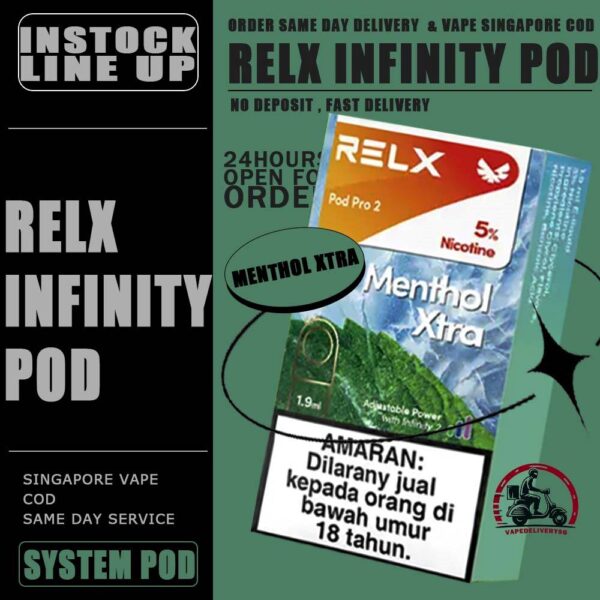 RELX INFINITY POD - VAPE DELIVERY SG SINGAPORE RELX Infinity pod come in a wide range of flavors with a massive 2ml capacity for its pre-filled nicotine salt e-juice pods that lasts approximately 650 puffs. Discover out signature Menthol Xtra 5% Nicotine flavor, alongside popular options like Infinity Pod Watermelon Ice, Tangy Grape , Mint Freeze , Jasmine Green Tea, Strawberry Burst, and Oolong Tea. For those craving extra sweetness, you can also enjoy Root Brew or Dark Sparkle flavors. Specifications : Capacity: 2ml Life Span: 500-650 puff Package Include : 1 Pack of 3 Pods ⚠️RELX INFINITY POD FLAVOUR LINE UP⚠️ Blueberry Splash Crisp Apple Jasmine Green Tea Pink Guava Root Brew Honey Pomelo Fresh Peach Lychee Ice Lemon Zest Honeydew Melon Iced Latte White Coffee Thai Milk Tea Smooth Mango Orange Sparkle Strawberry Burst Dark Sparkle Lime Sparkle Banana Freeze Ludou Ice Lime Ice Taro Scoop Oolong Tea LongJing Tea Iced Black Tea Tangy Grape Watermelon Ice Menthol Xtra Mint Freeze Lemon Mint Rich Tobacco Classic Tobacco Menthol Extra 0mg Watermelon Ice 0mg ⚠️RELX INFINITY POD COMPATIBLE WITH⚠️ DD Cube Device Relx Infinity Device Relx Phantom Device Relx Infinity 2 Device Lana Infinity Device Relx Artisan SG VAPE COD SAME DAY DELIVERY , CASH ON DELIVERY ONLY. TAKE BULK ORDER /MORE ORDER PLS CONTACT ME : VAPEDELIVERYSG VIEW OUR DAILY NEWS INFORMATION VAPE : TELEGRAM CHANNEL