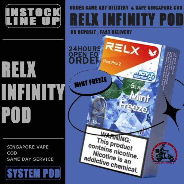 RELX INFINITY POD - VAPE DELIVERY SG SINGAPORE RELX Infinity pod come in a wide range of flavors with a massive 2ml capacity for its pre-filled nicotine salt e-juice pods that lasts approximately 650 puffs. Discover out signature Menthol Xtra 5% Nicotine flavor, alongside popular options like Infinity Pod Watermelon Ice, Tangy Grape , Mint Freeze , Jasmine Green Tea, Strawberry Burst, and Oolong Tea. For those craving extra sweetness, you can also enjoy Root Brew or Dark Sparkle flavors. Specifications : Capacity: 2ml Life Span: 500-650 puff Package Include : 1 Pack of 3 Pods ⚠️RELX INFINITY POD FLAVOUR LINE UP⚠️ Blueberry Splash Crisp Apple Jasmine Green Tea Pink Guava Root Brew Honey Pomelo Fresh Peach Lychee Ice Lemon Zest Honeydew Melon Iced Latte White Coffee Thai Milk Tea Smooth Mango Orange Sparkle Strawberry Burst Dark Sparkle Lime Sparkle Banana Freeze Ludou Ice Lime Ice Taro Scoop Oolong Tea LongJing Tea Iced Black Tea Tangy Grape Watermelon Ice Menthol Xtra Mint Freeze Lemon Mint Rich Tobacco Classic Tobacco Menthol Extra 0mg Watermelon Ice 0mg ⚠️RELX INFINITY POD COMPATIBLE WITH⚠️ DD Cube Device Relx Infinity Device Relx Phantom Device Relx Infinity 2 Device Lana Infinity Device Relx Artisan SG VAPE COD SAME DAY DELIVERY , CASH ON DELIVERY ONLY. TAKE BULK ORDER /MORE ORDER PLS CONTACT ME : VAPEDELIVERYSG VIEW OUR DAILY NEWS INFORMATION VAPE : TELEGRAM CHANNEL