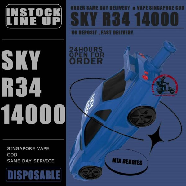 SKY R34 14000 DISPOSABLE - VAPE DELIVERY SG SINGAPORE The SKY R34 14000 DISPOSABLE in our Vape Singapore Store Ready Stock ,  Get it now with us and same day delivery ! The Sky GTRR34 offers an extended vaping experience with approximately 14000 puffs in a single device. It features a high nicotine concentration for a satisfying hit and comes with a rechargeable battery, ensuring longevity and convenience. The device is designed to be user-friendly and portable, offering a seamless vaping experience without the need for frequent refills or recharges. Its impressive puff capacity makes it an ideal choice for those seeking an extended disposable vape option. Just get the Sky GTR34 14000 Vape got the more outstanding and ultimate flavor than other disposable pod kit. Specification : Puffs : 14,000 Battery Capacity : 650mAh Rechargeable with Type C E-liquid Capacity : 25ml Nicotine Strength : 5% Charging Time : Roughly 10 min - 15 min ⚠️SKY GTR34 14000 DISPOSABLE FLAVOUR LINE UP⚠️ Grape Blackcurrant Sour Bubblegum Honeydew Watermelon Double Mango Lemon Cola Gummy Bear Mix Berries Mango Grape Mango Lychee Solero Lime SG VAPE COD SAME DAY DELIVERY , CASH ON DELIVERY ONLY. TAKE BULK ORDER /MORE ORDER PLS CONTACT ME : VAPEDELIVERYSG VIEW OUR DAILY NEWS INFORMATION VAPE : TELEGRAM CHANNEL