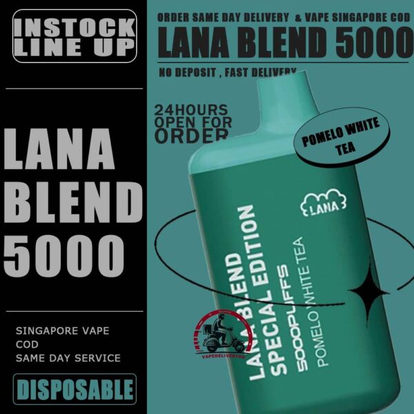 LANA BLEND EDITION 5000 DISPOSABLE - VAPE DELIVERY SG SINGAPORE Lana Blend Edition 5000 Disposable Tie Guan Yin Vape is a compact and stylish disposable vape kit that offers a convenient and satisfying vaping experince,it is perfect for those who prefer a simple yet stylish look. One of the standout features of the Lanabar 5000 is its flavour optiones. The device offers a range of flavours to choose from, each with its own unique taste profile. The flavours are well-balanced do not contain any harsh or irritant ingredients, making for a smooth and enjoyable vaping exprience. whether you prefer sweet, fruity or menthol flavors, the lanabar 5000 has something for everyone. Another advantage of the lanabar 5000 is its size and portability. Specifications : Puff : 5000 Puffs Nicotine : 3% Capacity : 13ml Battery : 850mAh Charging : Rechargeable with Type C ⚠️LANA BLEND SPECIAL 5000 FLAVOUR LINE UP⚠️ Aloe Yogurt Mango Peach Ice Strawberry Mango Ice Grape Apple Ice Grape Honey Grape Bubblegum Double Mint Chrysanthemum Tea Ice Lemon Tea Sea Salt Lemon Tie Guan Yin Yakult Watermelon Bubblegum Honeydew Watermelon Pomelo White Tea SG VAPE COD SAME DAY DELIVERY , CASH ON DELIVERY ONLY. TAKE BULK ORDER /MORE ORDER PLS CONTACT ME : VAPEDELIVERYSG VIEW OUR DAILY NEWS INFORMATION VAPE : TELEGRAM CHANNEL