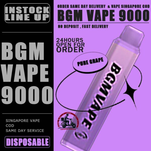 BGM VAPE 9000 DISPOSABLE - VAPE DELIVERY SG SINGAPORE Bgm Vape Ultra Rechargeable Disposable comes with a massive 9000 puffs. Singapore Vaper no need worries not enough to use. The device is portable and light, vaper can bring it to anywhere with hassle-free . BGM vape flavours is focusing in cold and fruit-based. The best seller flavors are tie guan yin, superb mint and mango melon. Specification : Puff : 9000 Puffs Volume : 12ML Flavour Charging : Rechargeable with Type C Coil : Mesh Coil Fully Charged Time : 20mins Nicotine Strength : 5% ⚠️BGM VAPE 9000 FLAVOUR LINE UP⚠️ Yacult Orange Jasmine Tea Mango Melon Litchi Ice Yacult Grape Tie Guan Yin Luch Ice Superb Mint Fuji Apple Pure Passion Peach Oolong Double Melon Pure Grape watermelon lychee Taro Creamy Peach Lychee Watermelon Black Tea SG VAPE COD SAME DAY DELIVERY , CASH ON DELIVERY ONLY. TAKE BULK ORDER /MORE ORDER PLS CONTACT ME : VAPEDELIVERYSG VIEW OUR DAILY NEWS INFORMATION VAPE : TELEGRAM CHANNEL