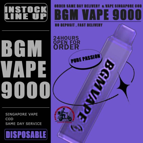 BGM VAPE 9000 DISPOSABLE - VAPE DELIVERY SG SINGAPORE Bgm Vape Ultra Rechargeable Disposable comes with a massive 9000 puffs. Singapore Vaper no need worries not enough to use. The device is portable and light, vaper can bring it to anywhere with hassle-free . BGM vape flavours is focusing in cold and fruit-based. The best seller flavors are tie guan yin, superb mint and mango melon. Specification : Puff : 9000 Puffs Volume : 12ML Flavour Charging : Rechargeable with Type C Coil : Mesh Coil Fully Charged Time : 20mins Nicotine Strength : 5% ⚠️BGM VAPE 9000 FLAVOUR LINE UP⚠️ Yacult Orange Jasmine Tea Mango Melon Litchi Ice Yacult Grape Tie Guan Yin Luch Ice Superb Mint Fuji Apple Pure Passion Peach Oolong Double Melon Pure Grape watermelon lychee Taro Creamy Peach Lychee Watermelon Black Tea SG VAPE COD SAME DAY DELIVERY , CASH ON DELIVERY ONLY. TAKE BULK ORDER /MORE ORDER PLS CONTACT ME : VAPEDELIVERYSG VIEW OUR DAILY NEWS INFORMATION VAPE : TELEGRAM CHANNEL