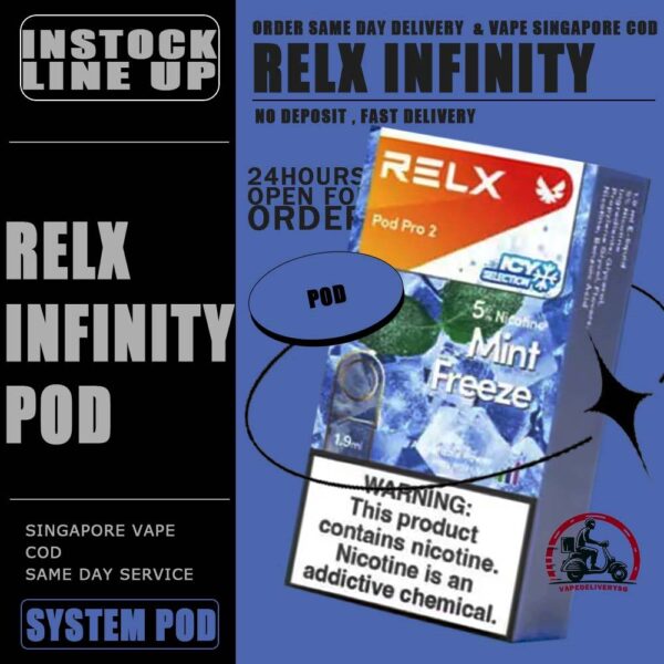 RELX INFINITY POD - VAPE DELIVERY SG SINGAPORE RELX Infinity pod come in a wide range of flavors with a massive 2ml capacity for its pre-filled nicotine salt e-juice pods that lasts approximately 650 puffs. Discover out signature Menthol Xtra 5% Nicotine flavor, alongside popular options like Infinity Pod Watermelon Ice, Tangy Grape , Mint Freeze , Jasmine Green Tea, Strawberry Burst, and Oolong Tea. For those craving extra sweetness, you can also enjoy Root Brew or Dark Sparkle flavors. Specifications : Capacity: 2ml Life Span: 500-650 puff Package Include : 1 Pack of 3 Pods ⚠️RELX INFINITY POD FLAVOUR LINE UP⚠️ Blueberry Splash Crisp Apple Jasmine Green Tea Pink Guava Root Brew Honey Pomelo Fresh Peach Lychee Ice Lemon Zest Honeydew Melon Iced Latte White Coffee Thai Milk Tea Smooth Mango Orange Sparkle Strawberry Burst Dark Sparkle Lime Sparkle Banana Freeze Ludou Ice Lime Ice Taro Scoop Oolong Tea LongJing Tea Iced Black Tea Tangy Grape Watermelon Ice Menthol Xtra Mint Freeze Lemon Mint Rich Tobacco Classic Tobacco Menthol Extra 0mg Watermelon Ice 0mg ⚠️RELX INFINITY POD COMPATIBLE WITH⚠️ DD Cube Device Relx Infinity Device Relx Phantom Device Relx Infinity 2 Device Lana Infinity Device Relx Artisan SG VAPE COD SAME DAY DELIVERY , CASH ON DELIVERY ONLY. TAKE BULK ORDER /MORE ORDER PLS CONTACT ME : VAPEDELIVERYSG VIEW OUR DAILY NEWS INFORMATION VAPE : TELEGRAM CHANNEL