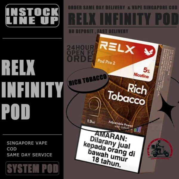 RELX INFINITY POD - VAPE DELIVERY SG SINGAPORE RELX Infinity pod come in a wide range of flavors with a massive 2ml capacity for its pre-filled nicotine salt e-juice pods that lasts approximately 650 puffs. Discover out signature Menthol Xtra 5% Nicotine flavor, alongside popular options like Infinity Pod Watermelon Ice, Tangy Grape , Mint Freeze , Jasmine Green Tea, Strawberry Burst, and Oolong Tea. For those craving extra sweetness, you can also enjoy Root Brew or Dark Sparkle flavors. Specifications : Capacity: 2ml Life Span: 500-650 puff Package Include : 1 Pack of 3 Pods ⚠️RELX INFINITY POD FLAVOUR LINE UP⚠️ Blueberry Splash Crisp Apple Jasmine Green Tea Pink Guava Root Brew Honey Pomelo Fresh Peach Lychee Ice Lemon Zest Honeydew Melon Iced Latte White Coffee Thai Milk Tea Smooth Mango Orange Sparkle Strawberry Burst Dark Sparkle Lime Sparkle Banana Freeze Ludou Ice Lime Ice Taro Scoop Oolong Tea LongJing Tea Iced Black Tea Tangy Grape Watermelon Ice Menthol Xtra Mint Freeze Lemon Mint Rich Tobacco Classic Tobacco Menthol Extra 0mg Watermelon Ice 0mg ⚠️RELX INFINITY POD COMPATIBLE WITH⚠️ DD Cube Device Relx Infinity Device Relx Phantom Device Relx Infinity 2 Device Lana Infinity Device Relx Artisan SG VAPE COD SAME DAY DELIVERY , CASH ON DELIVERY ONLY. TAKE BULK ORDER /MORE ORDER PLS CONTACT ME : VAPEDELIVERYSG VIEW OUR DAILY NEWS INFORMATION VAPE : TELEGRAM CHANNEL