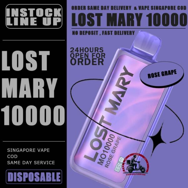 LOST MARY MO 10000 DISPOSABLE - VAPE DELIVERY SG SINGAPORE The Lost Mary MO 10000 Disposable ready stock in singapore sg vape cod , The kit is a sophisticated and user-friendly vaping device designed for convenience and longevity.  It comes pre-filled with 17mL of e-liquid, ensuring a long-lasting vaping experience without the need for frequent refills. This vape contains a 5% salt nicotine concentration, providing a satisfying hit with each puff. Salt nicotine is known for its smoother throat hit compared to traditional nicotine. Specification : Puff : 10000 Puffs Volume : 17ML Flavour Charging : Rechargeable with Type C Coil : Mesh Coil Fully Charged Time : 20mins Nicotine Strength : 5% ⚠️LOST MARY MO 10000 DISPOSABLE LIST⚠️ Lemon Cola Blueberry Banana Bubblegum Guava Peach Strawberry Watermelon Grape Mango Orange Pineapple Watermelon Bubblegum Solero Lime Triple Mango Lychee Cantaloupe Strawberry Yakult Double Apple Fresh Mint Peach Plus Rose Grape SG VAPE COD SAME DAY DELIVERY , CASH ON DELIVERY ONLY. TAKE BULK ORDER /MORE ORDER PLS CONTACT ME : VAPEDELIVERYSG VIEW OUR DAILY NEWS INFORMATION VAPE : TELEGRAM CHANNEL