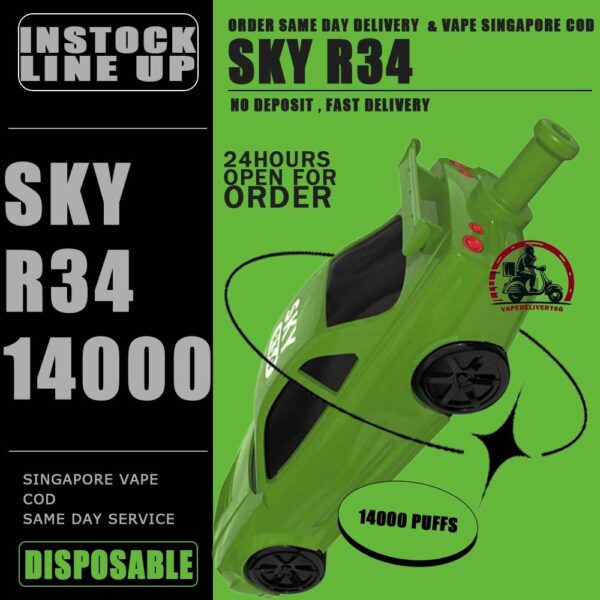 SKY R34 14000 DISPOSABLE - VAPE DELIVERY SG SINGAPORE The SKY R34 14000 DISPOSABLE in our Vape Singapore Store Ready Stock ,  Get it now with us and same day delivery ! The Sky GTRR34 offers an extended vaping experience with approximately 14000 puffs in a single device. It features a high nicotine concentration for a satisfying hit and comes with a rechargeable battery, ensuring longevity and convenience. The device is designed to be user-friendly and portable, offering a seamless vaping experience without the need for frequent refills or recharges. Its impressive puff capacity makes it an ideal choice for those seeking an extended disposable vape option. Just get the Sky GTR34 14000 Vape got the more outstanding and ultimate flavor than other disposable pod kit. Specification : Puffs : 14,000 Battery Capacity : 650mAh Rechargeable with Type C E-liquid Capacity : 25ml Nicotine Strength : 5% Charging Time : Roughly 10 min - 15 min ⚠️SKY GTR34 14000 DISPOSABLE FLAVOUR LINE UP⚠️ Grape Blackcurrant Sour Bubblegum Honeydew Watermelon Double Mango Lemon Cola Gummy Bear Mix Berries Mango Grape Mango Lychee Solero Lime SG VAPE COD SAME DAY DELIVERY , CASH ON DELIVERY ONLY. TAKE BULK ORDER /MORE ORDER PLS CONTACT ME : VAPEDELIVERYSG VIEW OUR DAILY NEWS INFORMATION VAPE : TELEGRAM CHANNEL