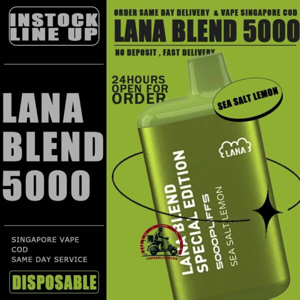 LANA BLEND EDITION 5000 DISPOSABLE - VAPE DELIVERY SG SINGAPORE Lana Blend Edition 5000 Disposable Tie Guan Yin Vape is a compact and stylish disposable vape kit that offers a convenient and satisfying vaping experince,it is perfect for those who prefer a simple yet stylish look. One of the standout features of the Lanabar 5000 is its flavour optiones. The device offers a range of flavours to choose from, each with its own unique taste profile. The flavours are well-balanced do not contain any harsh or irritant ingredients, making for a smooth and enjoyable vaping exprience. whether you prefer sweet, fruity or menthol flavors, the lanabar 5000 has something for everyone. Another advantage of the lanabar 5000 is its size and portability. Specifications : Puff : 5000 Puffs Nicotine : 3% Capacity : 13ml Battery : 850mAh Charging : Rechargeable with Type C ⚠️LANA BLEND SPECIAL 5000 FLAVOUR LINE UP⚠️ Aloe Yogurt Mango Peach Ice Strawberry Mango Ice Grape Apple Ice Grape Honey Grape Bubblegum Double Mint Chrysanthemum Tea Ice Lemon Tea Sea Salt Lemon Tie Guan Yin Yakult Watermelon Bubblegum Honeydew Watermelon Pomelo White Tea SG VAPE COD SAME DAY DELIVERY , CASH ON DELIVERY ONLY. TAKE BULK ORDER /MORE ORDER PLS CONTACT ME : VAPEDELIVERYSG VIEW OUR DAILY NEWS INFORMATION VAPE : TELEGRAM CHANNEL