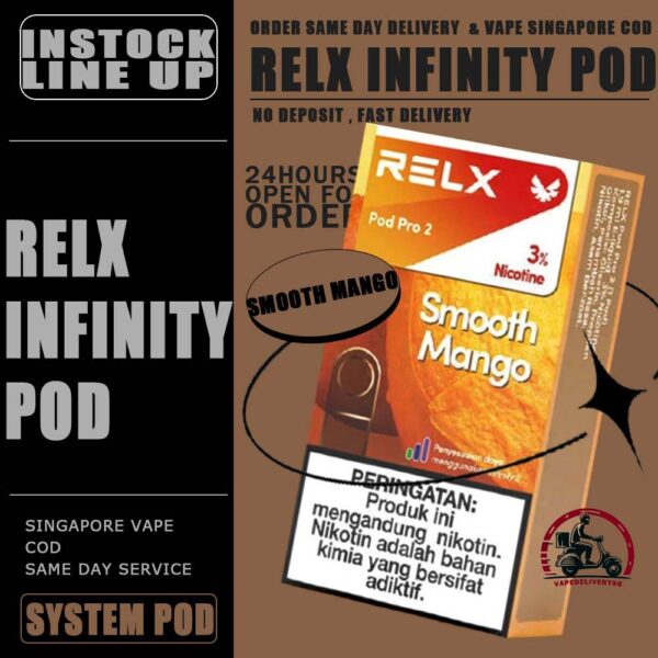 RELX INFINITY POD - VAPE DELIVERY SG SINGAPORE RELX Infinity pod come in a wide range of flavors with a massive 2ml capacity for its pre-filled nicotine salt e-juice pods that lasts approximately 650 puffs. Discover out signature Menthol Xtra 5% Nicotine flavor, alongside popular options like Infinity Pod Watermelon Ice, Tangy Grape , Mint Freeze , Jasmine Green Tea, Strawberry Burst, and Oolong Tea. For those craving extra sweetness, you can also enjoy Root Brew or Dark Sparkle flavors. Specifications : Capacity: 2ml Life Span: 500-650 puff Package Include : 1 Pack of 3 Pods ⚠️RELX INFINITY POD FLAVOUR LINE UP⚠️ Blueberry Splash Crisp Apple Jasmine Green Tea Pink Guava Root Brew Honey Pomelo Fresh Peach Lychee Ice Lemon Zest Honeydew Melon Iced Latte White Coffee Thai Milk Tea Smooth Mango Orange Sparkle Strawberry Burst Dark Sparkle Lime Sparkle Banana Freeze Ludou Ice Lime Ice Taro Scoop Oolong Tea LongJing Tea Iced Black Tea Tangy Grape Watermelon Ice Menthol Xtra Mint Freeze Lemon Mint Rich Tobacco Classic Tobacco Menthol Extra 0mg Watermelon Ice 0mg ⚠️RELX INFINITY POD COMPATIBLE WITH⚠️ DD Cube Device Relx Infinity Device Relx Phantom Device Relx Infinity 2 Device Lana Infinity Device Relx Artisan SG VAPE COD SAME DAY DELIVERY , CASH ON DELIVERY ONLY. TAKE BULK ORDER /MORE ORDER PLS CONTACT ME : VAPEDELIVERYSG VIEW OUR DAILY NEWS INFORMATION VAPE : TELEGRAM CHANNEL