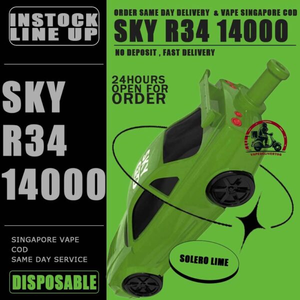 SKY R34 14000 DISPOSABLE - VAPE DELIVERY SG SINGAPORE The SKY R34 14000 DISPOSABLE in our Vape Singapore Store Ready Stock ,  Get it now with us and same day delivery ! The Sky GTRR34 offers an extended vaping experience with approximately 14000 puffs in a single device. It features a high nicotine concentration for a satisfying hit and comes with a rechargeable battery, ensuring longevity and convenience. The device is designed to be user-friendly and portable, offering a seamless vaping experience without the need for frequent refills or recharges. Its impressive puff capacity makes it an ideal choice for those seeking an extended disposable vape option. Just get the Sky GTR34 14000 Vape got the more outstanding and ultimate flavor than other disposable pod kit. Specification : Puffs : 14,000 Battery Capacity : 650mAh Rechargeable with Type C E-liquid Capacity : 25ml Nicotine Strength : 5% Charging Time : Roughly 10 min - 15 min ⚠️SKY GTR34 14000 DISPOSABLE FLAVOUR LINE UP⚠️ Grape Blackcurrant Sour Bubblegum Honeydew Watermelon Double Mango Lemon Cola Gummy Bear Mix Berries Mango Grape Mango Lychee Solero Lime SG VAPE COD SAME DAY DELIVERY , CASH ON DELIVERY ONLY. TAKE BULK ORDER /MORE ORDER PLS CONTACT ME : VAPEDELIVERYSG VIEW OUR DAILY NEWS INFORMATION VAPE : TELEGRAM CHANNEL