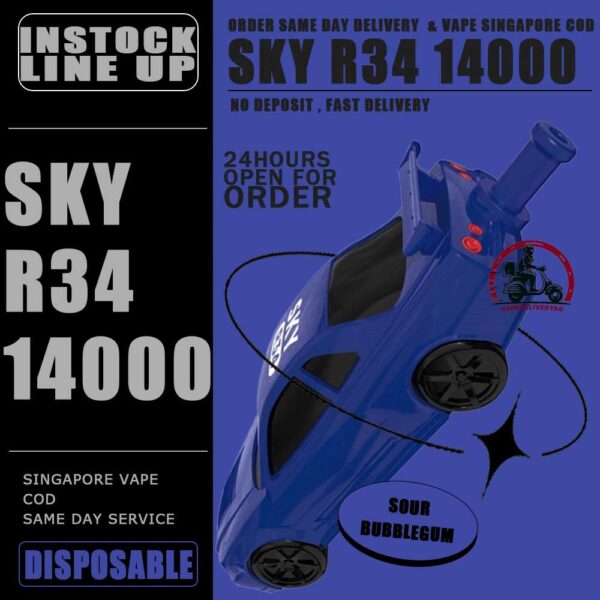 SKY R34 14000 DISPOSABLE - VAPE DELIVERY SG SINGAPORE The SKY R34 14000 DISPOSABLE in our Vape Singapore Store Ready Stock ,  Get it now with us and same day delivery ! The Sky GTRR34 offers an extended vaping experience with approximately 14000 puffs in a single device. It features a high nicotine concentration for a satisfying hit and comes with a rechargeable battery, ensuring longevity and convenience. The device is designed to be user-friendly and portable, offering a seamless vaping experience without the need for frequent refills or recharges. Its impressive puff capacity makes it an ideal choice for those seeking an extended disposable vape option. Just get the Sky GTR34 14000 Vape got the more outstanding and ultimate flavor than other disposable pod kit. Specification : Puffs : 14,000 Battery Capacity : 650mAh Rechargeable with Type C E-liquid Capacity : 25ml Nicotine Strength : 5% Charging Time : Roughly 10 min - 15 min ⚠️SKY GTR34 14000 DISPOSABLE FLAVOUR LINE UP⚠️ Grape Blackcurrant Sour Bubblegum Honeydew Watermelon Double Mango Lemon Cola Gummy Bear Mix Berries Mango Grape Mango Lychee Solero Lime SG VAPE COD SAME DAY DELIVERY , CASH ON DELIVERY ONLY. TAKE BULK ORDER /MORE ORDER PLS CONTACT ME : VAPEDELIVERYSG VIEW OUR DAILY NEWS INFORMATION VAPE : TELEGRAM CHANNEL