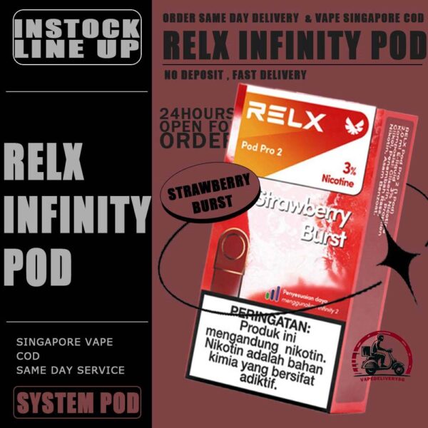 RELX INFINITY POD - VAPE DELIVERY SG SINGAPORE RELX Infinity pod come in a wide range of flavors with a massive 2ml capacity for its pre-filled nicotine salt e-juice pods that lasts approximately 650 puffs. Discover out signature Menthol Xtra 5% Nicotine flavor, alongside popular options like Infinity Pod Watermelon Ice, Tangy Grape , Mint Freeze , Jasmine Green Tea, Strawberry Burst, and Oolong Tea. For those craving extra sweetness, you can also enjoy Root Brew or Dark Sparkle flavors. Specifications : Capacity: 2ml Life Span: 500-650 puff Package Include : 1 Pack of 3 Pods ⚠️RELX INFINITY POD FLAVOUR LINE UP⚠️ Blueberry Splash Crisp Apple Jasmine Green Tea Pink Guava Root Brew Honey Pomelo Fresh Peach Lychee Ice Lemon Zest Honeydew Melon Iced Latte White Coffee Thai Milk Tea Smooth Mango Orange Sparkle Strawberry Burst Dark Sparkle Lime Sparkle Banana Freeze Ludou Ice Lime Ice Taro Scoop Oolong Tea LongJing Tea Iced Black Tea Tangy Grape Watermelon Ice Menthol Xtra Mint Freeze Lemon Mint Rich Tobacco Classic Tobacco Menthol Extra 0mg Watermelon Ice 0mg ⚠️RELX INFINITY POD COMPATIBLE WITH⚠️ DD Cube Device Relx Infinity Device Relx Phantom Device Relx Infinity 2 Device Lana Infinity Device Relx Artisan SG VAPE COD SAME DAY DELIVERY , CASH ON DELIVERY ONLY. TAKE BULK ORDER /MORE ORDER PLS CONTACT ME : VAPEDELIVERYSG VIEW OUR DAILY NEWS INFORMATION VAPE : TELEGRAM CHANNEL