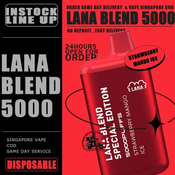 LANA BLEND EDITION 5000 DISPOSABLE - VAPE DELIVERY SG SINGAPORE Lana Blend Edition 5000 Disposable Tie Guan Yin Vape is a compact and stylish disposable vape kit that offers a convenient and satisfying vaping experince,it is perfect for those who prefer a simple yet stylish look. One of the standout features of the Lanabar 5000 is its flavour optiones. The device offers a range of flavours to choose from, each with its own unique taste profile. The flavours are well-balanced do not contain any harsh or irritant ingredients, making for a smooth and enjoyable vaping exprience. whether you prefer sweet, fruity or menthol flavors, the lanabar 5000 has something for everyone. Another advantage of the lanabar 5000 is its size and portability. Specifications : Puff : 5000 Puffs Nicotine : 3% Capacity : 13ml Battery : 850mAh Charging : Rechargeable with Type C ⚠️LANA BLEND SPECIAL 5000 FLAVOUR LINE UP⚠️ Aloe Yogurt Mango Peach Ice Strawberry Mango Ice Grape Apple Ice Grape Honey Grape Bubblegum Double Mint Chrysanthemum Tea Ice Lemon Tea Sea Salt Lemon Tie Guan Yin Yakult Watermelon Bubblegum Honeydew Watermelon Pomelo White Tea SG VAPE COD SAME DAY DELIVERY , CASH ON DELIVERY ONLY. TAKE BULK ORDER /MORE ORDER PLS CONTACT ME : VAPEDELIVERYSG VIEW OUR DAILY NEWS INFORMATION VAPE : TELEGRAM CHANNEL