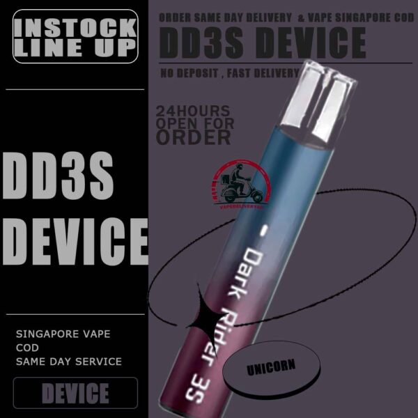 DD3S DEVICE  - VAPE DELIVERY SG SINGAPORE The DD3s Vape is a Adjustable Watagge VAPE , More funtionc for you enjoy it. DD3s Vape Package include 1 Device and 1 Type-c Cable. DARK RIDER 3 is the epitome of innovation, delivering the highest quality vaping experience. Available in four stunning colors, this vape device boasts a unique feature: flashing lights that illuminate with every inhale. However, DD3s have smart reminder when you have continuosly for 12 puff it will have a vibraton reminder. In conclusion, DD3s is a very excellent device with latest airflow adjustable technology, beautiful deisgn and good quality. Device Specification : Built-in Battery 450mAh Low Power 6.2w (350-420 puff) （Blue LED) High Power 10.2w (230-280 puff) (GREEN LED) Size: 101.1 x 20.6 x 12.1mm Resistance Range: 1.0Ω-1.2Ω Vibration Reminder Rechargeable Via Type C Cable Device Button Fuctions : Button Press & Hold For 3 Seconds To Switch Power Blue Light – Normal Power Green Light – Strong Power Red Light – Low Battery Press 3 Times Continousl:To Switch On/Off Light Blinking ⚠️DD3S DEVICE COMPATIBLE POD WITH⚠️ GENESIS POD J13 POD KIZZ POD LANA POD RELX CLASSIC POD R-ONE POD SP2 POD ZENO POD ZEUZ POD ⚠️DD3S DEVICE COLOR LINE UP⚠️ Ocean Myth Pearl White Unicorn Volcano Camo Black SG VAPE COD SAME DAY DELIVERY , CASH ON DELIVERY ONLY. TAKE BULK ORDER /MORE ORDER PLS CONTACT ME : VAPEDELIVERYSG VIEW OUR DAILY NEWS INFORMATION VAPE : TELEGRAM CHANNEL